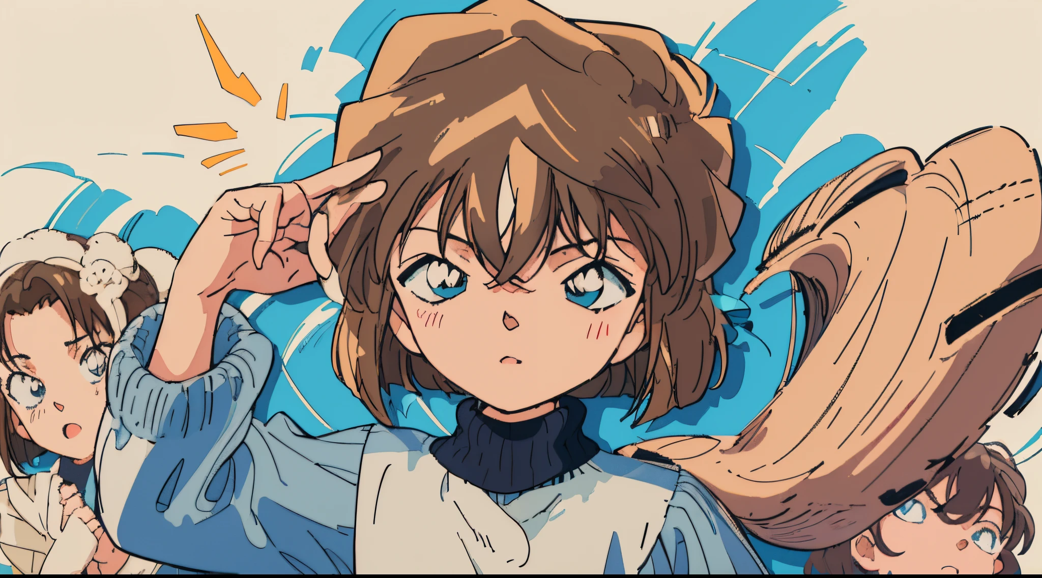 (finely best quality illustration:1.2), (Kawaii Girl:1.0), (Upper body:1.1), (White background:1.0), Ai Haibara, brown haired, Short hair,(((dark blue turtleneck, Mini Knit Dresses))),Looking at Viewer,(((Solo, 1girl in))), (( Girl)), (((Big eyes))), ((Lori)), (Cute anime girl head), slim, Petite, (flat chest), ((Short stature)), (pop-art), Hand-drawn animation, charming sketches, Minimalist approach break,Face Focus, Portrait, :(, Eye focus, Oekaki, Gosho Aoyama style, Full body, Cool