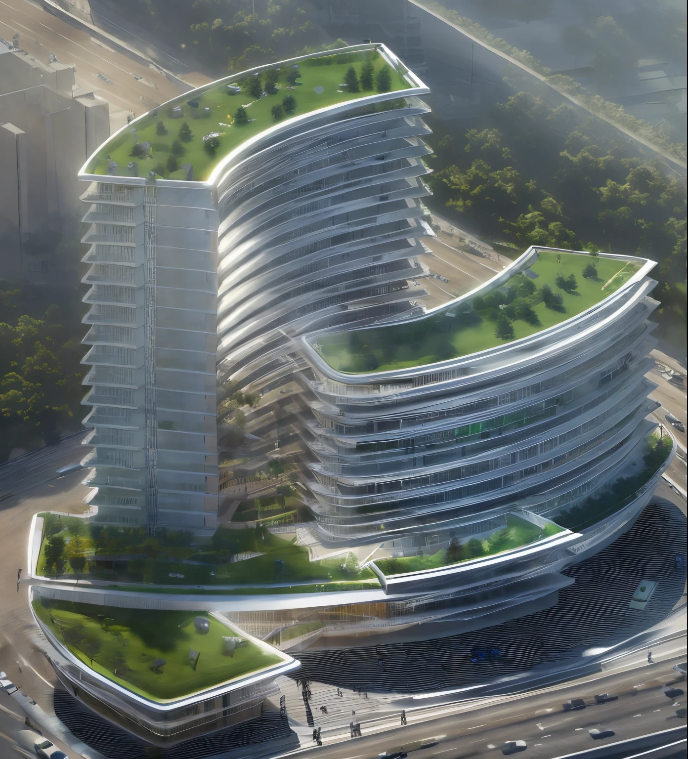 arafed building with a green roof and a lot of trees, by Zha Shibiao, inspired by Zha Shibiao, mantra rendering, architectural render, medical research facility, artistic render, curvilinear architecture, architecture render ”, in style of zaha hadid architect, sharp hq rendering, architecture render, artstation hq”, circular towers