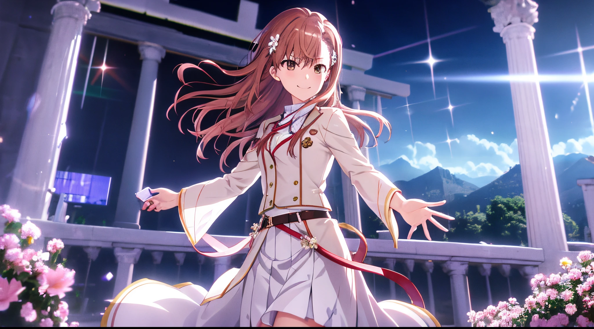 Misaka mikoto, 1girl, girl, kawaii, solo, chestnut hair, hairpin,brown eyes, standing, looking at viewer,smile,ethereal white robe,praying beads on neck, long skirt,flower fields in greek Acropolis waterfalls in background,anime style,deep depth of field,wide angle view,Lumen Reflections,Screen Space Reflections,Diffraction Grading,Chromatic Aberration,GB Displacement,Scan Lines,Ray Traced,Anti-Aliasing,FXAA,TXAA,RTX,SSAO,Shaders,OpenGL-Shaders,GLSL-Shaders,Post Processing,Post-Production,cell Shading,Tone Mapping,CGI,VFX,SFX,insanely detailed and intricate, 4K