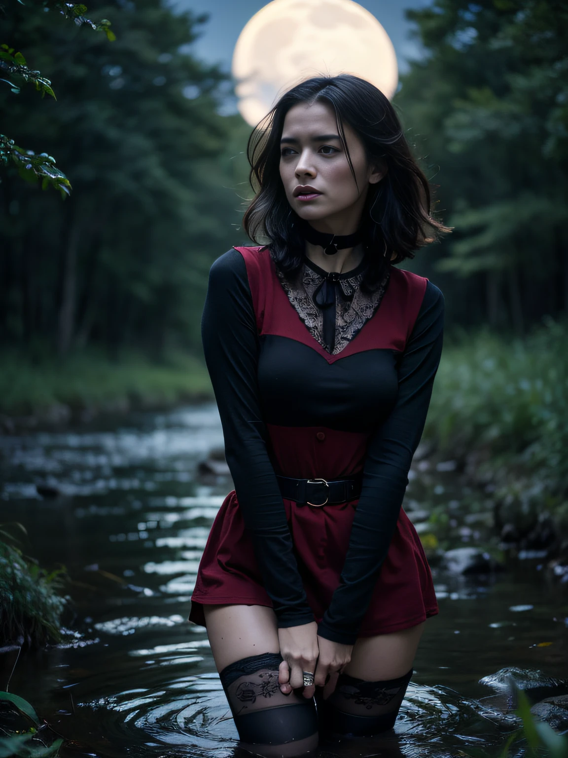 (Hyperrealistic photo, Ultra Detailed, Raw, tmasterpiece), Black Sky, night time, The forest is illuminated by the moon because of the clouds, ominous red reflections in the distance. Drama. vicious woman tragically drowns in a swamp. Gothic dress with sleeves:0.2, lace stockings with garters. victim, She has an iron collar, Short Hair Hair, The face expresses gloomy delight. desperately trying to get to the surface, but the mud is pulling her down, And she knows, that her last moments are near,  Imminent Doom