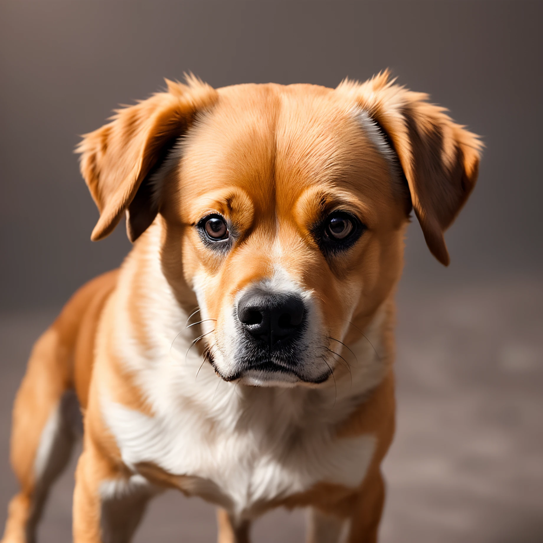Create a realistic image of a caramel dog with a very short coat where its playful gaze is fixed on the front. The background is abstract with different shades of brown. As manchas marrons no fundo misturam-se suavemente com tons de amarelo