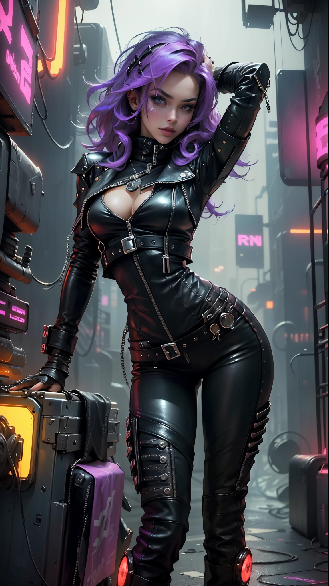 Beutiful women:1.2),(The color hair:1.2),(Leather clothes and sexy poses:1.3),(sassy pose), (Long breasts:1.1),( cyber punk style:1.3),(actual:1.1),(Detailed pubic hair:1.1)