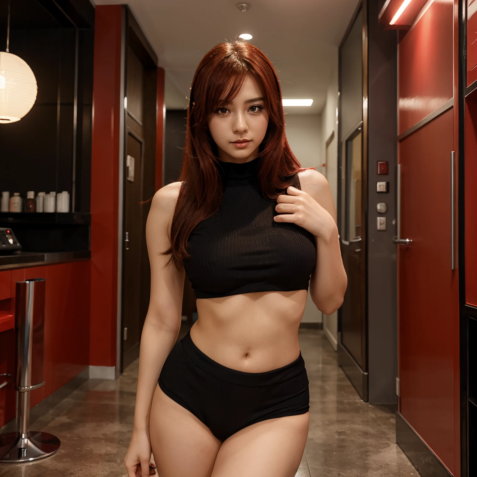 arafed redhead woman in a black bikini posing in a room, asuka suit under clothes!, anya from spy x family, oppai, yayoi kasuma, seductive anime girl, sexy girl, sexy dominant pose, sultry body with sexy belly, sexy body, hints of yayoi kasuma, sexy pose, japanese goddess, low view