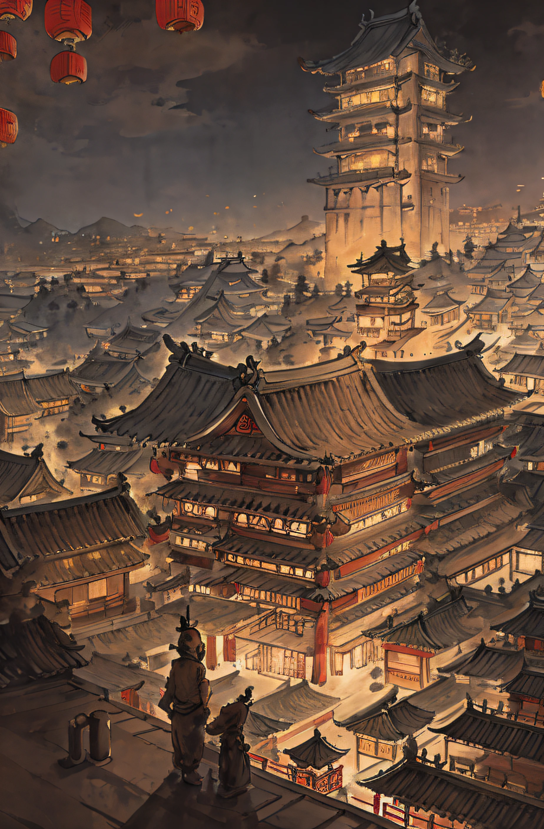 Ancient Chinese city，Ancient architecture Light brown tones， in a panoramic view， A detailed，