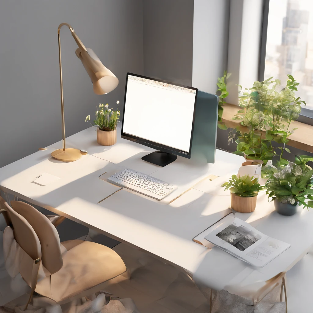 A minimalist desk with a sense of design, Viewed vertically from above, Organize books, NOhumans, close look,There is a clean and artistic flowerpot