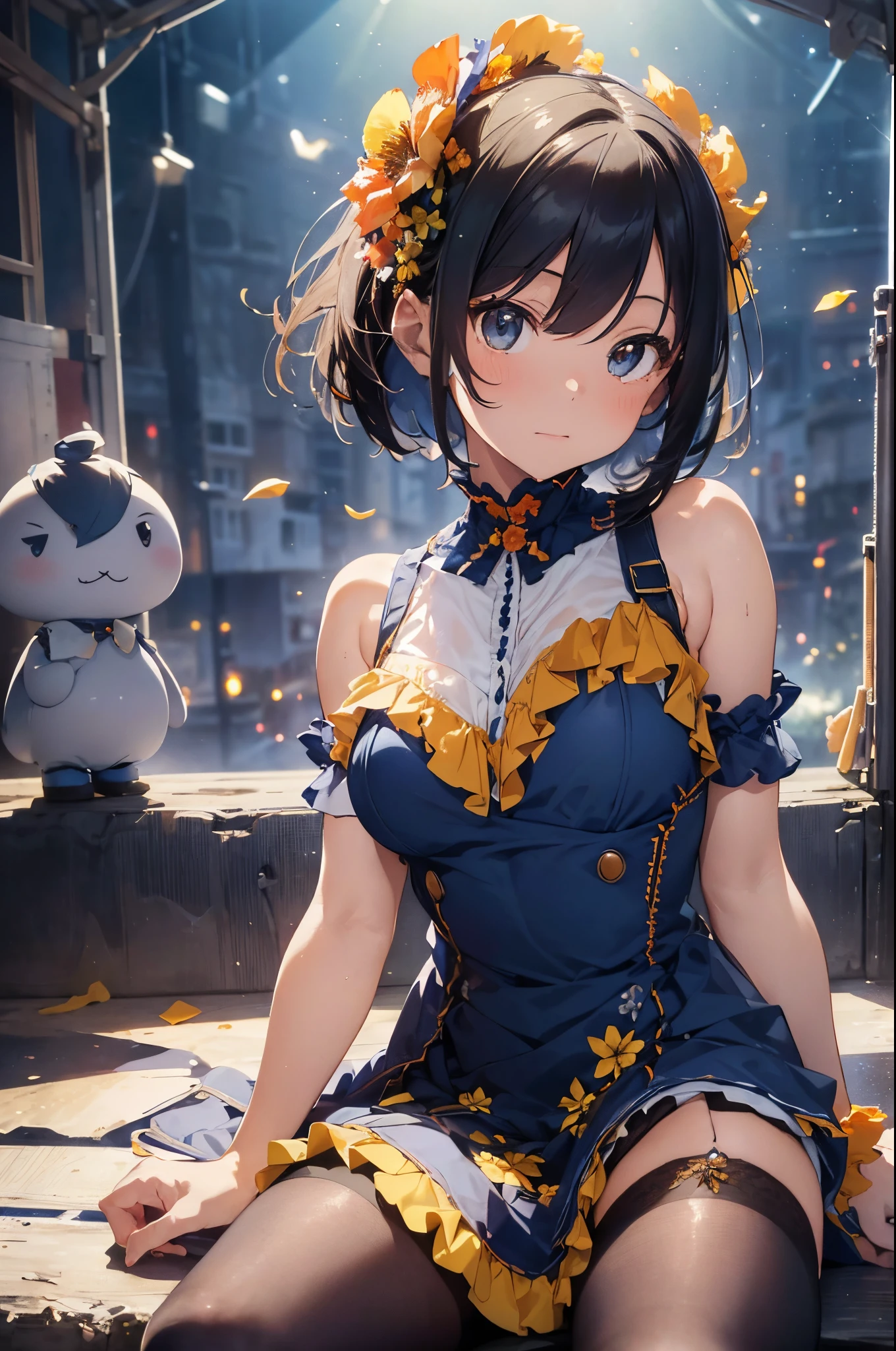 (Best Picture Quality, 4K, High Quality, Masterpiece:1.2), ((Masterpiece)), High Detail, High Quality, (HDR,16k, RAW Beautiful Girl Portrait, Best Picture Quality, Masterpiece:1.2), (Ultra-Definition Illustration), (nsfw:1.2), showing armpits, open chest, sitting, spread legs, race lingerie, wet panty, idolmaster, idol costume, on the live concert stage, young , spotlight,Generate an image of an anime idol, (dark navy blue short straight bob hair) Make your eyes a deep blue。, extremely cute, sleeveless, detached sleeves, (orange & yellow gorgeous frilled dress with lots of flower stitches:1.3), do not use black on dress, tiara, pantyhose,