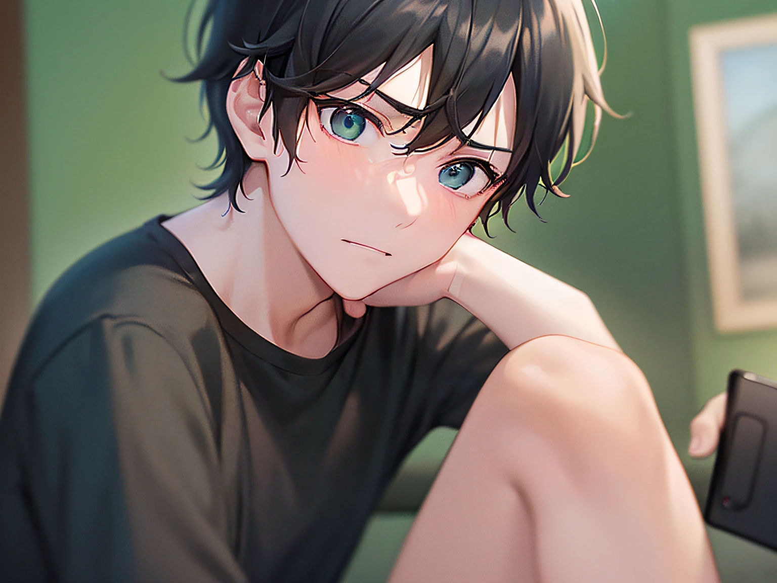 masterpiece、hightquality、25-year-old man with short black hair and green eyes、wearing black tshirt、Holding a smartphone in your hand、(Alone:1.5)、(Embarrassed expression:1.1)、(Close-up of your face:1.3)、(The upper body is also displayed.:1.3)、The background is the living room、sitting on an orange sofa、Bold composition、