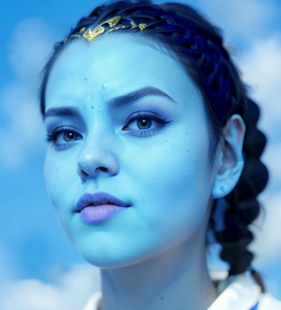 a close up of a woman with a blue face and a blue sky background, female Genie image, half-bald head, beautiful avatar pictures, bluish face, avatar, Genie short hair, Genie hairstyle, (Genieе top head braid hair:1.3), asian female water elemental, blue-skinned elf, blue elf, symmetrical portrait rpg avatar, upper body avatar, glowing blue face, james cameron avatar style, digital arts, video game avatar, katara from avatar