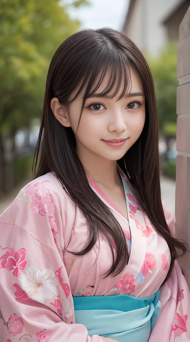 1 Japanese girl wearing a beautiful kimono floral pattern sweet smile long black hair