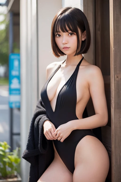 1girl in、24 year old、A dark-haired、Shorthair、Black One Piece