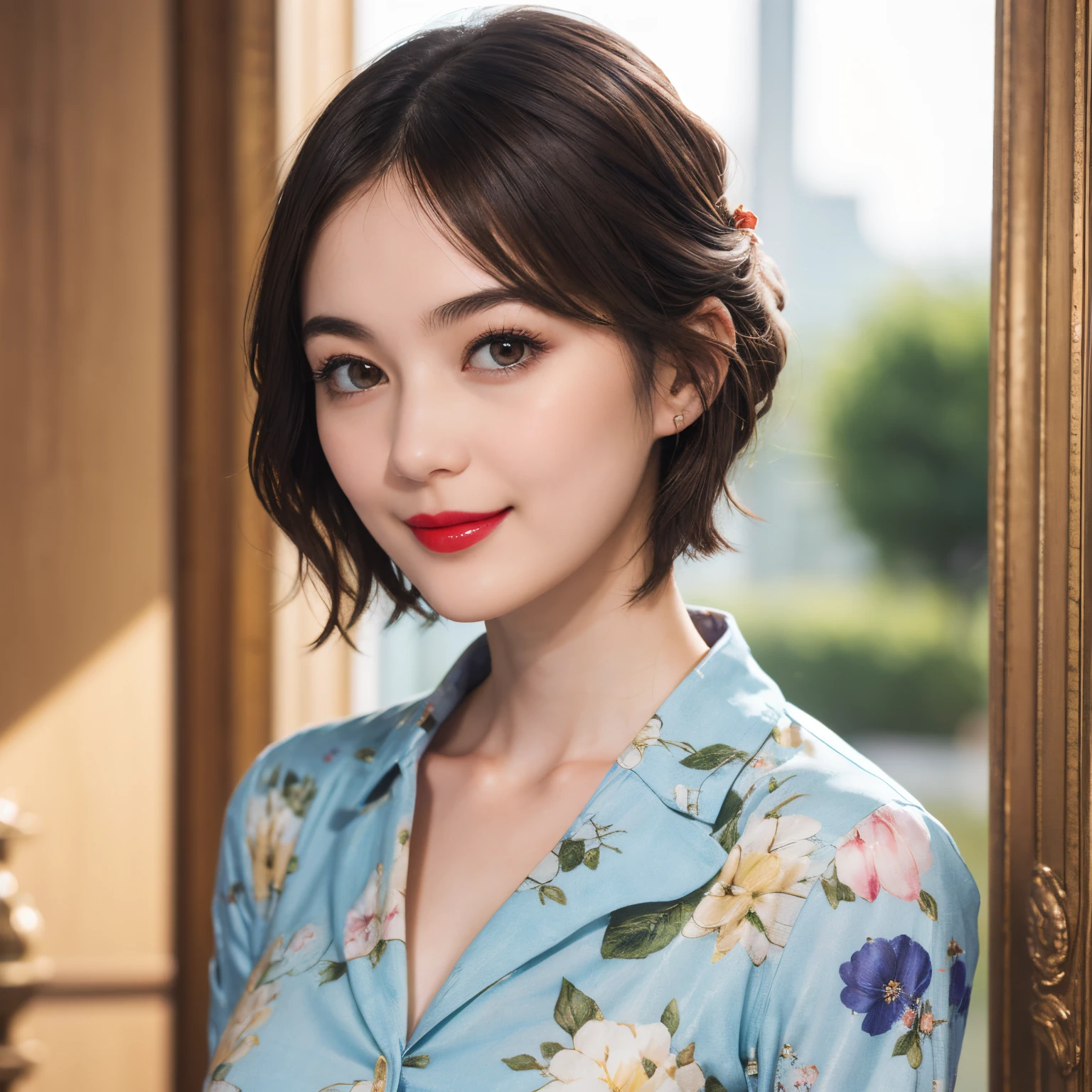 109
(a 20 yo woman,is standing), (A hyper-realistic), (high-level image quality), ((beautiful hairstyle 46)), ((short-hair)), (Gentle smile), (Keep your mouth shut), (lipsticks), (breasted:1.1), Floral clothing