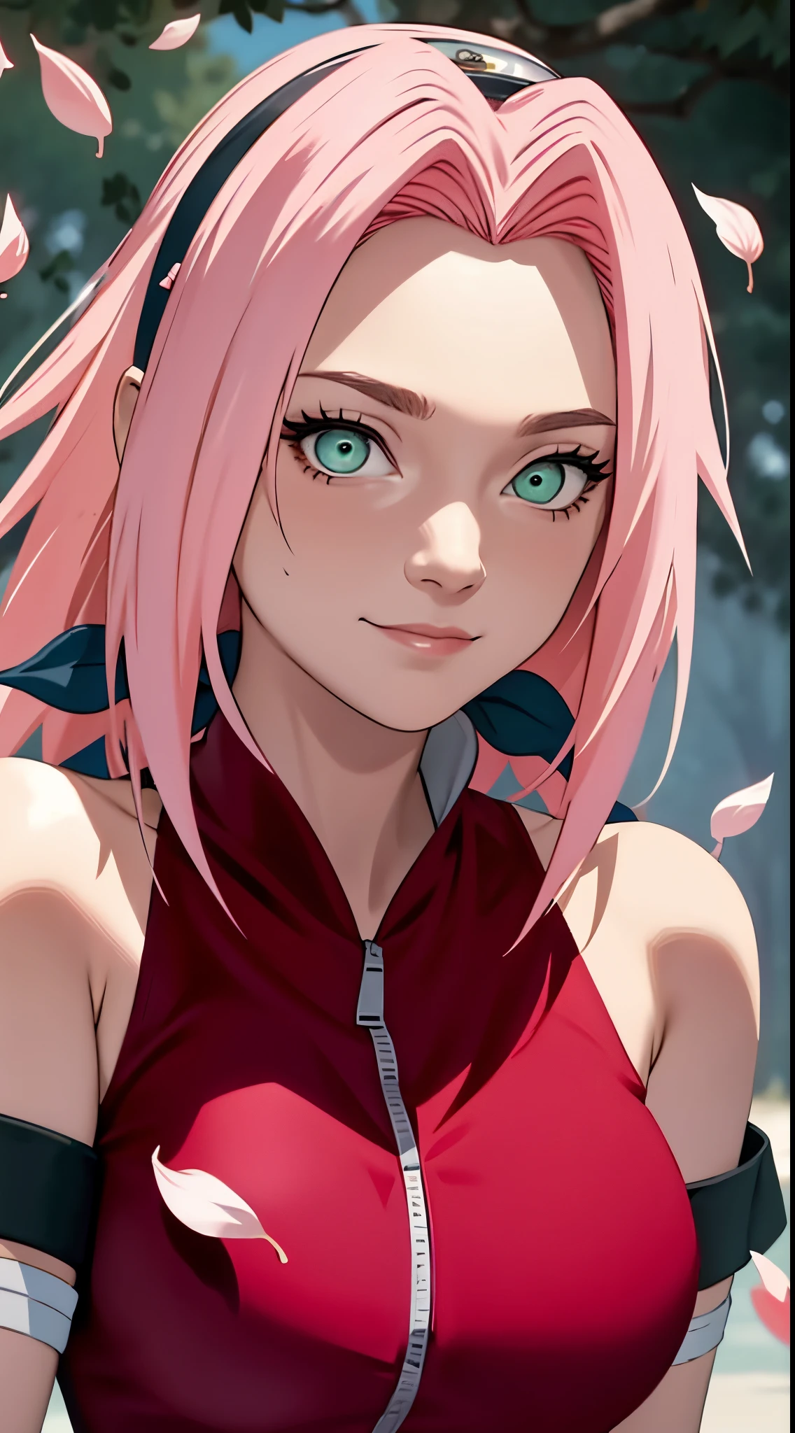 tmasterpiece， Best quality， 1个Giant Breast Girl， sakura haruno， Large breasts，Off-the-shoulder attire，（Chopping)，（Close-up of the upper body)，Raised sexy，Very shy，ssmile，with pink hair， Long gray hair， （Green eyeballs:1.4)， Forehead protection， cherry tree，Cherry blossoms flying，Red clothes，Zipper half