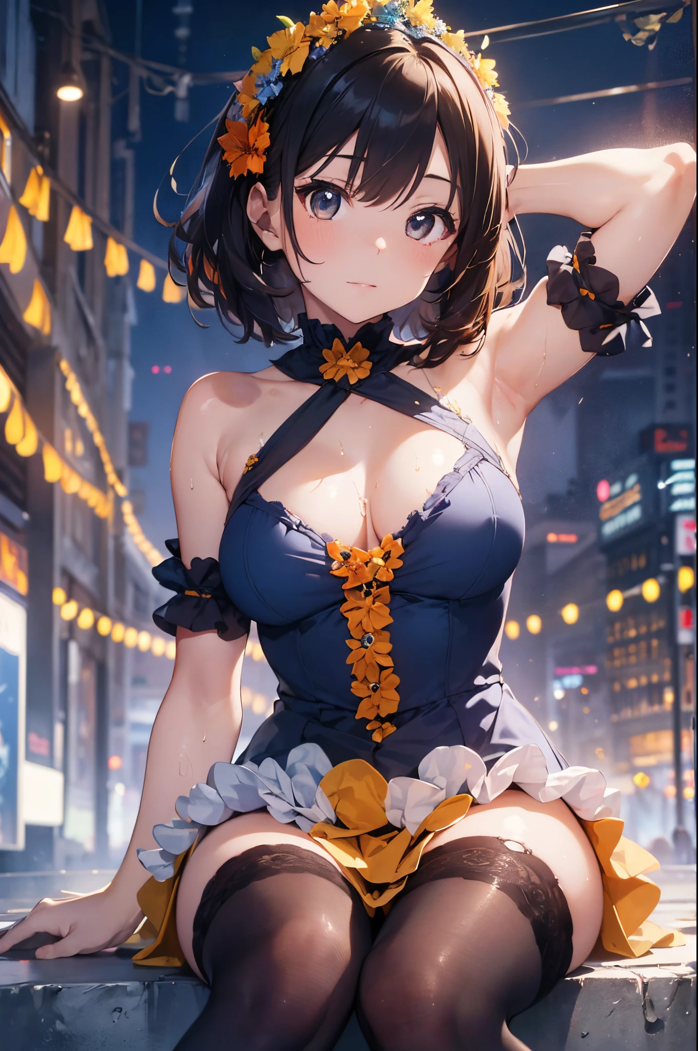 (Best Picture Quality, 4K, High Quality, Masterpiece:1.2), ((Masterpiece)), High Detail, High Quality, (HDR,16k, RAW Beautiful Girl Portrait, Best Picture Quality, Masterpiece:1.2), (Ultra-Definition Illustration), (nsfw:1.2), showing armpits, open chest, sitting, widely spread legs, race lingerie, wet panty, idolmaster, idol costume, on the live concert stage, young teen, spotlight,Generate an image of an anime idol, (dark navy blue short straight bob hair) Make your eyes a deep blue。, extremely cute, sleeveless, detached sleeves, (orange & yellow gorgeous frilled dress with lots of flower stitches:1.3), do not use black on dress, tiara, pantyhose,