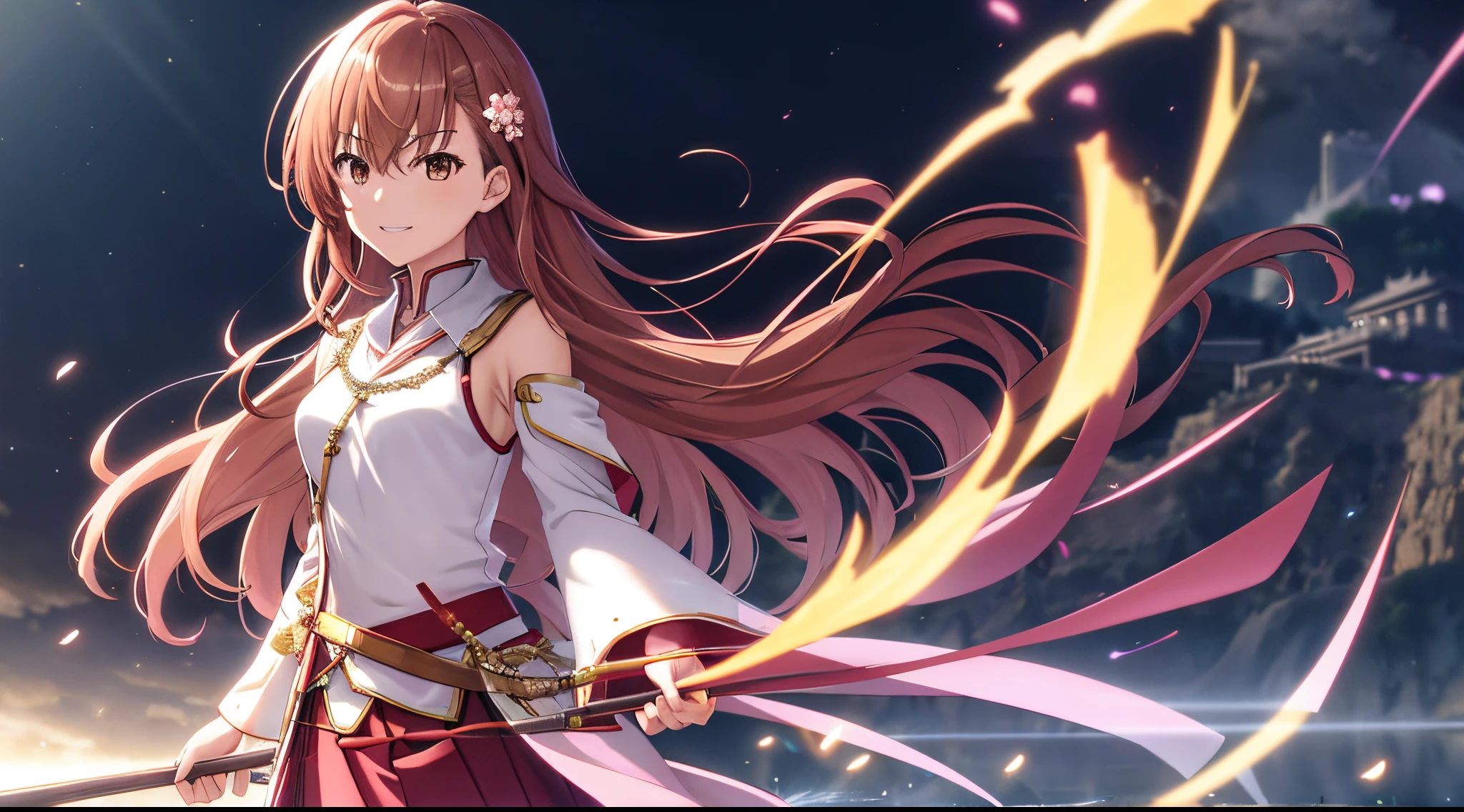 Misaka mikoto, 1girl, kawaii, solo, chestnut hair, hairpin,brown eyes, standing, looking at viewer,smile,ethereal golden robe,praying beads on neck, long skirt,flower fields in greek Acropolis waterfalls in background,anime style,deep depth of field,wide angle view,Lumen Reflections,Screen Space Reflections,Diffraction Grading,Chromatic Aberration,GB Displacement,Scan Lines,Ray Traced,Anti-Aliasing,FXAA,TXAA,RTX,SSAO,Shaders,OpenGL-Shaders,GLSL-Shaders,Post Processing,Post-Production,cell Shading,Tone Mapping,CGI,VFX,SFX,insanely detailed and intricate, 4K