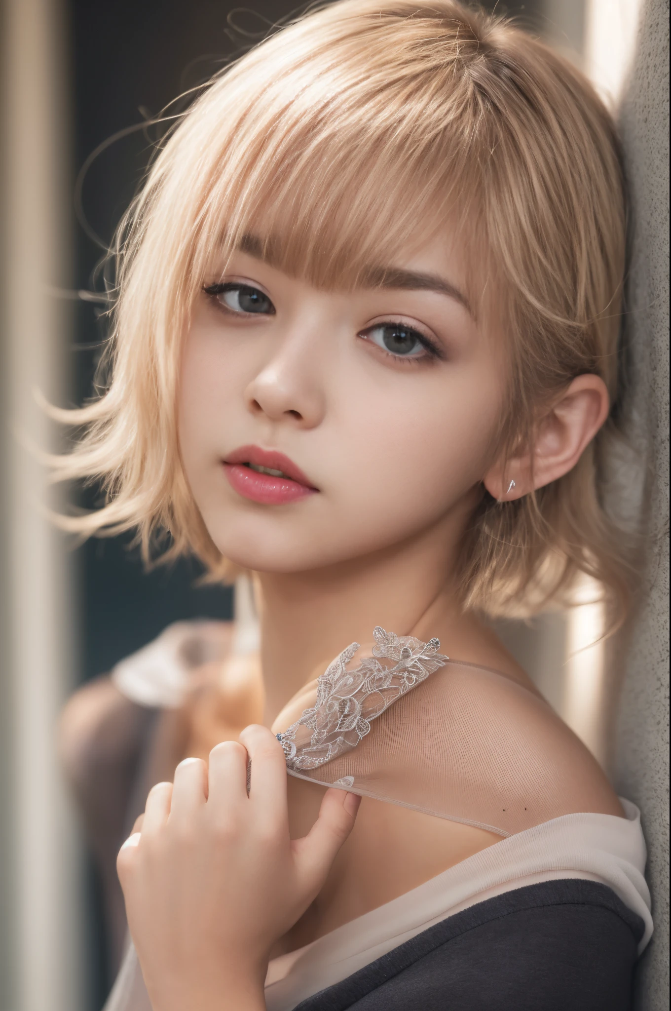 ulzzang -6500-v1.1, (Raw photo:1.2), (Photorealsitic), (See-through:1.3), (Real:1.4), Professional, (4k photos:1.1) 、(European age girl)、Ethereal beautiful body, jaw-dropping beauty、slim, Petite, Soft light, high detailing, Wearing (Tight shirt:1.2), beautifull detailed face, Hazel eyes, short blonde hair, (Charming girl:1.3),realistic skin textures、Lustrous skin、Exposed thighs!!!