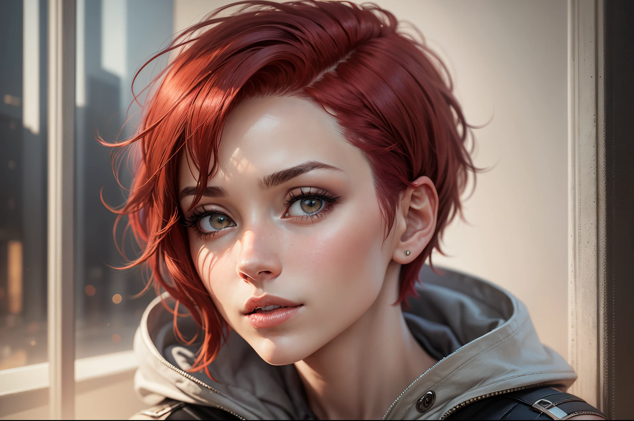 portrait of a beautiful women with red short hair, full head, UHD,  hyperrealistic, realistic photo, 16k --auto --s2
