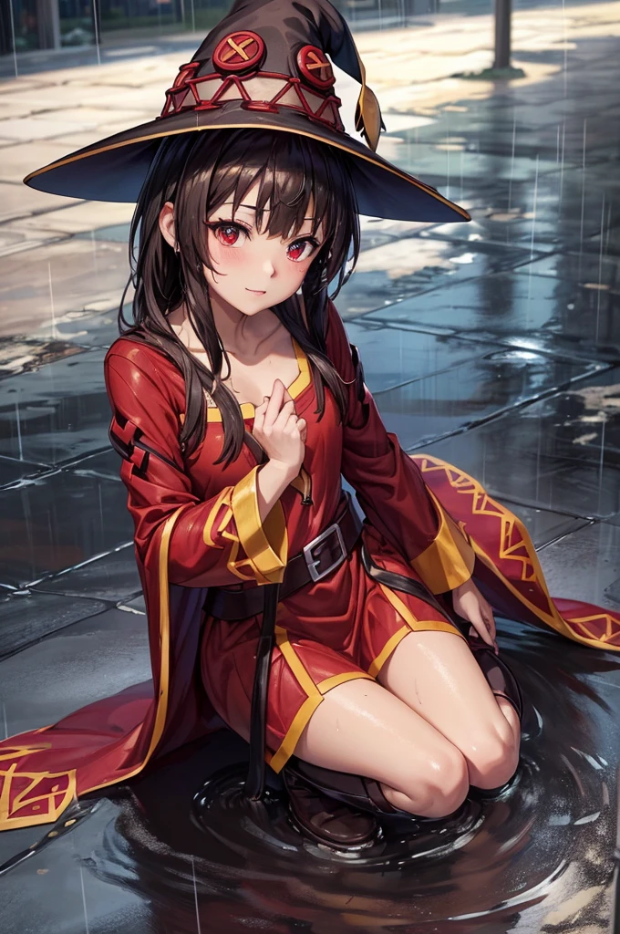 Perfect female shape, (1womanl), (Megumin), red robes, boots, witch's hat, ((Wet with rain)), (Sheer dress), Looking at the camera, (top-quality, ​masterpiece:1.2), (intricate detailes:1.4), (Photorealsitic:1.4), Front image, High resolution, high detailing, realistic skin textures, Detail Face, Very detailed CG Unity 16k wallpaper, make - up, (detailedbackground:1.2), shinny skin,