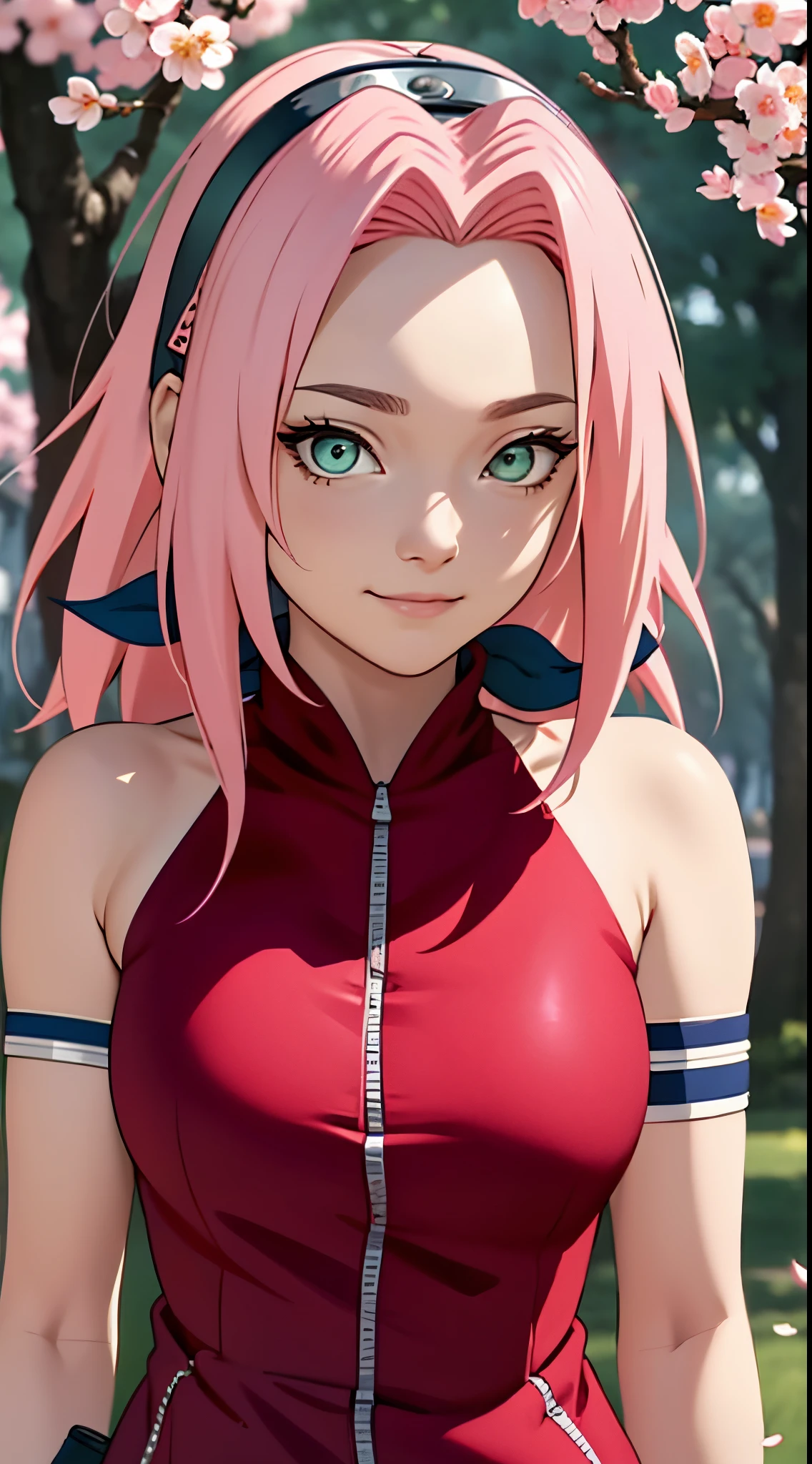 tmasterpiece， Best quality， 1个Giant Breast Girl， sakura haruno， Large breasts，Off-the-shoulder attire，（Chopping)，（Close-up of the upper body)，Raised sexy，Very shy，ssmile，with pink hair， Long gray hair， （Green eyeballs:1.4)， Forehead protection， cherry tree，Cherry blossoms flying，Red clothes，Zipper half