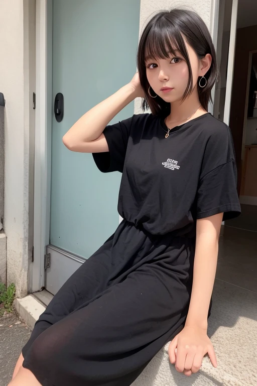 1girl in、24 year old、A dark-haired、Shorthair、BLACK casual dress