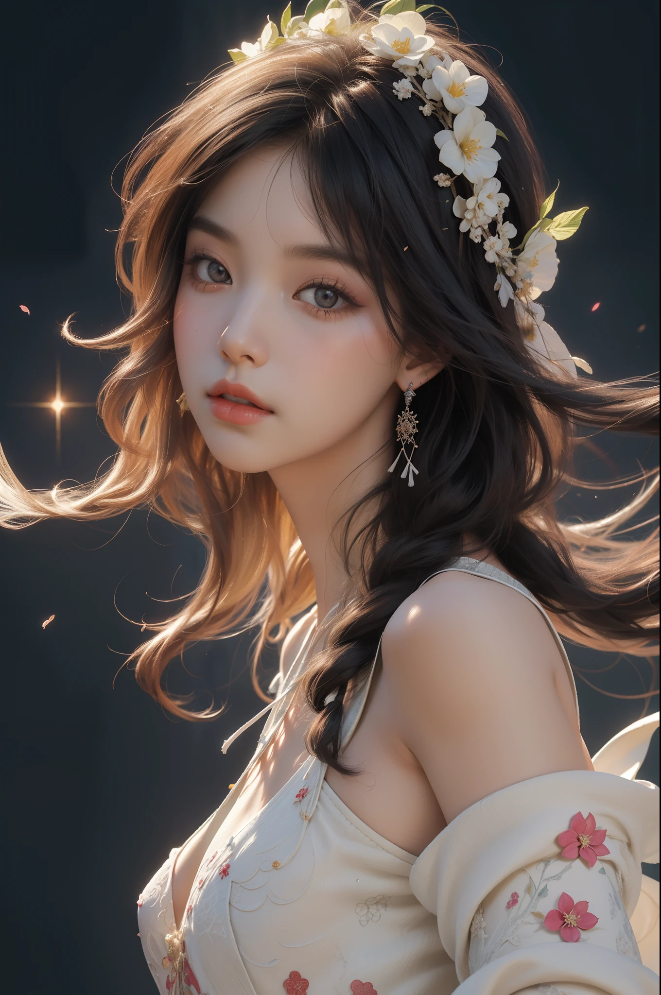 nsfw, zhongfenghua, 1girl, solo, hanfu, ancient_chinese_architecture, flower field, blossom, (white smoke:1.3) (photorealistic:1.4), zentangle, mandala, entangle, official art, unity 8k wallpaper, ultra detailed, beautiful and aesthetic, masterpiece,best quality, (dynamic angle:1.4), glowing skin, (floating colorful sparkles:1) the most beautiful form of chaos, elegant, a brutalist designed, vivid colours, romanticism depth of field exotic_dance, half_naked