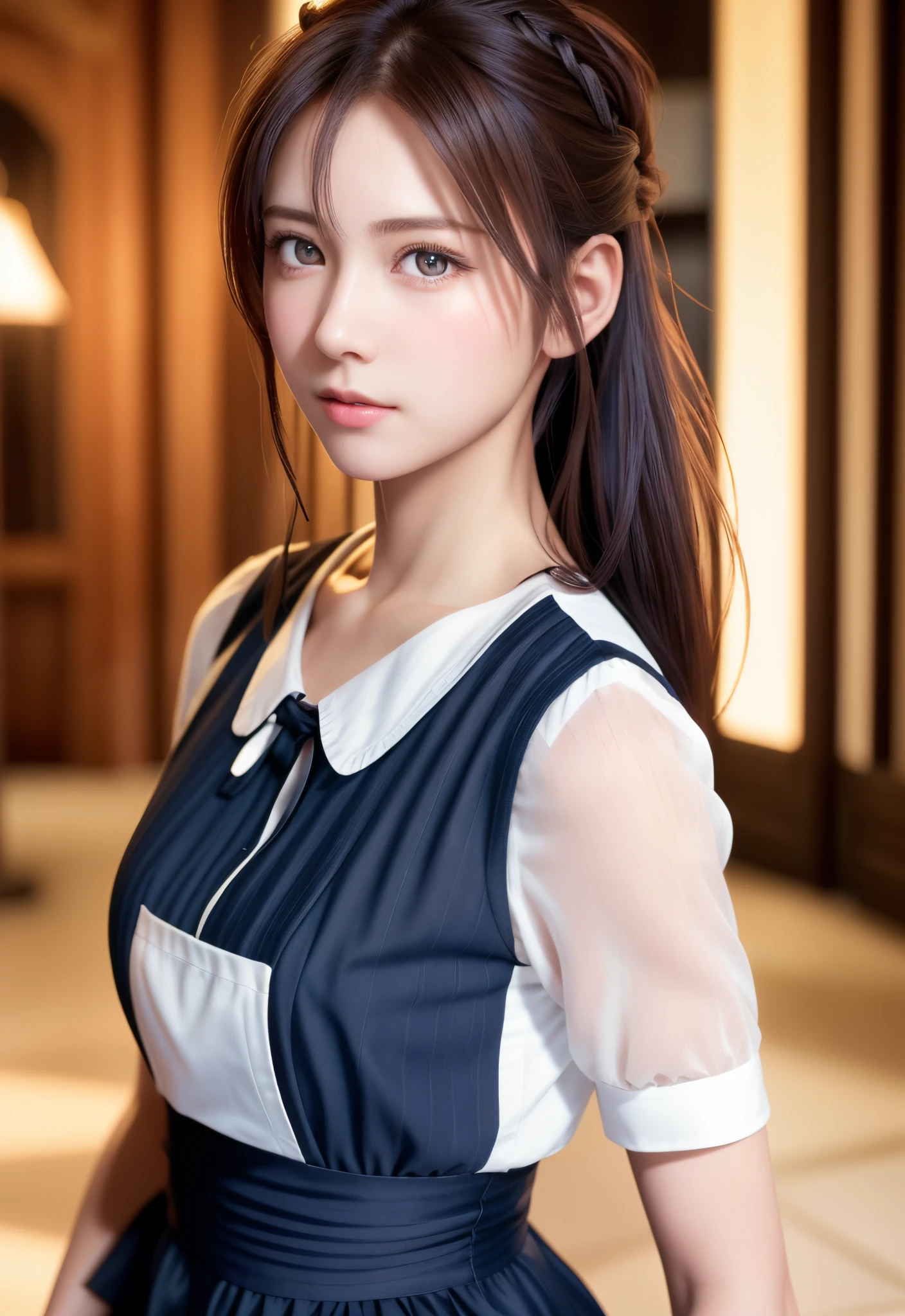 8K, of the highest quality, masutepiece:1.2), (Realistic, Photorealsitic:1.37), of the highest quality, masutepiece, Beautiful young woman, Pensive expression,、A charming、and an inviting look, Cute Maid Clothes, Hair tied back, Cinematic background, Light skin tone