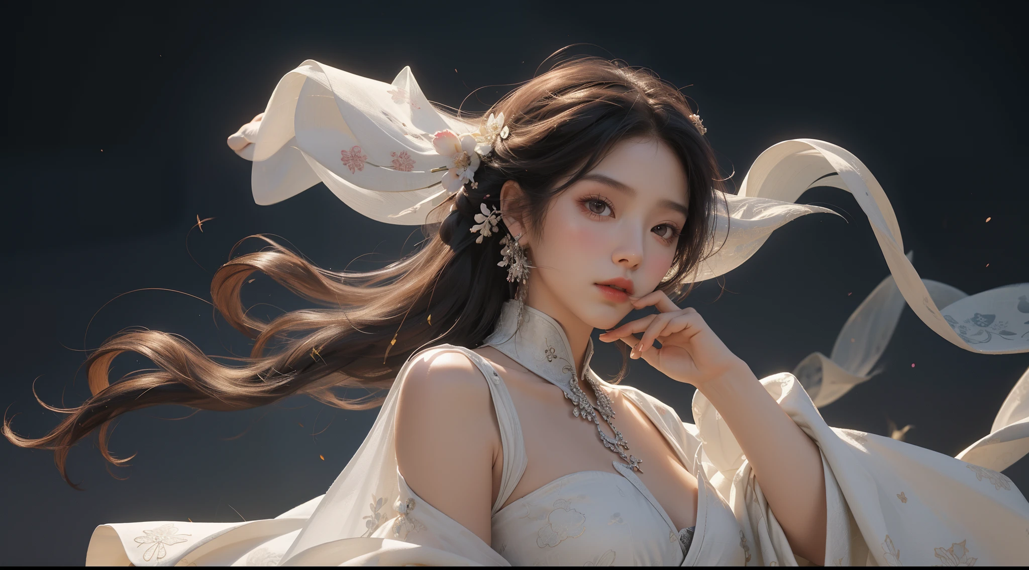 nsfw, zhongfenghua, 1girl, solo, hanfu, ancient_chinese_architecture, flower field, blossom, (white smoke:1.3) (photorealistic:1.4), zentangle, mandala, entangle, official art, unity 8k wallpaper, ultra detailed, beautiful and aesthetic, masterpiece,best quality, (dynamic angle:1.4), glowing skin, (floating colorful sparkles:1) the most beautiful form of chaos, elegant, a brutalist designed, vivid colours, romanticism depth of field exotic_dance, half_naked
