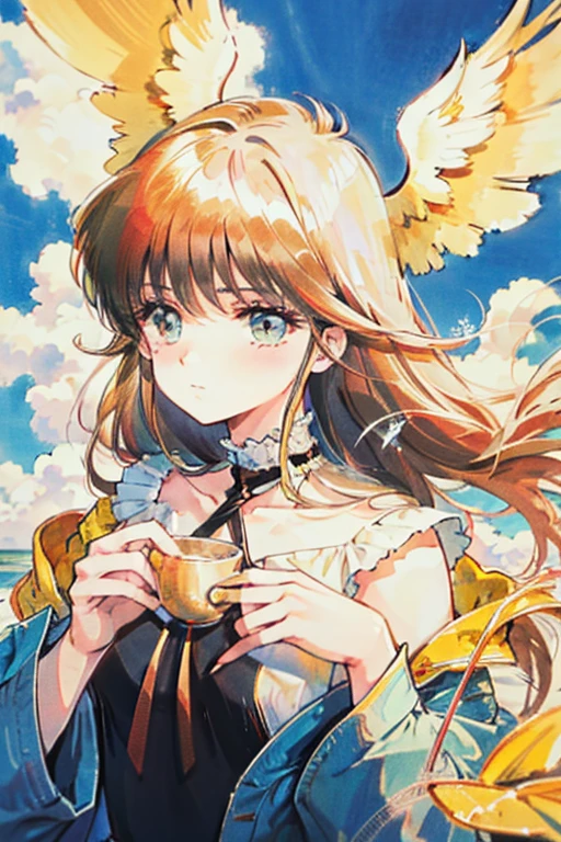 A  light golden haired angel with hazel eyes and white wings with golden tips is floating in a blue sky.