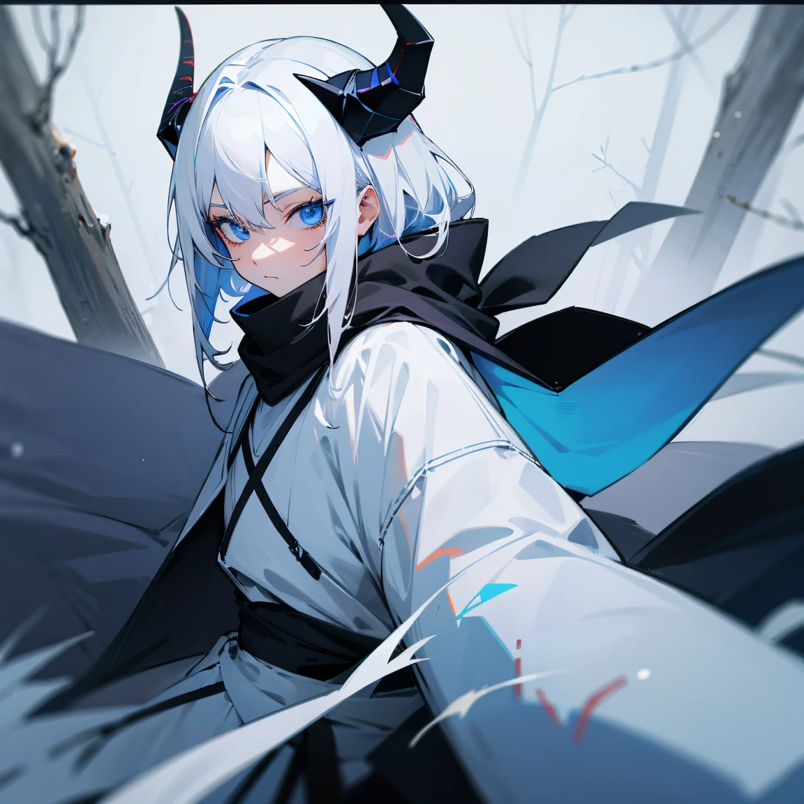 White Hair , Dark Blue Eyes , Demon Horns , Snowy forest background , Black scarf , white clothing , ninja clothing , battle clothing