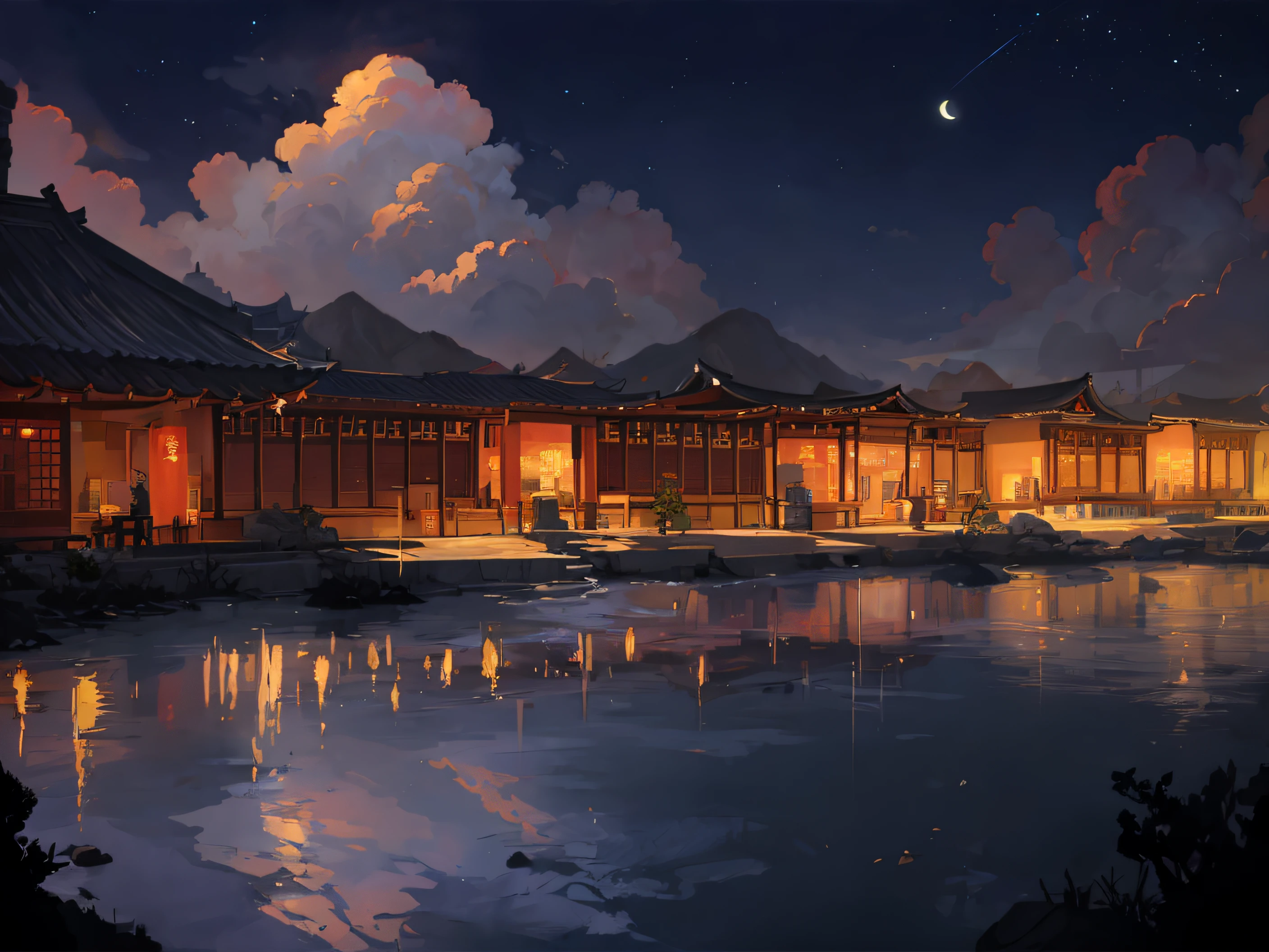 The concept art was inspired by Tosa Mitsuoki,Pixiv competition winner,best qualtiy,Fantasyart,beautiful anime scenes,A row of ancient Chinese buildings,A bright moon,Starry sky environment in moonlight,Dream painting,Anime background art,dream scenery art,Fantastic night, anime backgrounds, background artwork, dreamlike art, Atmospheric anime, starrysky,Detail Enhancement。