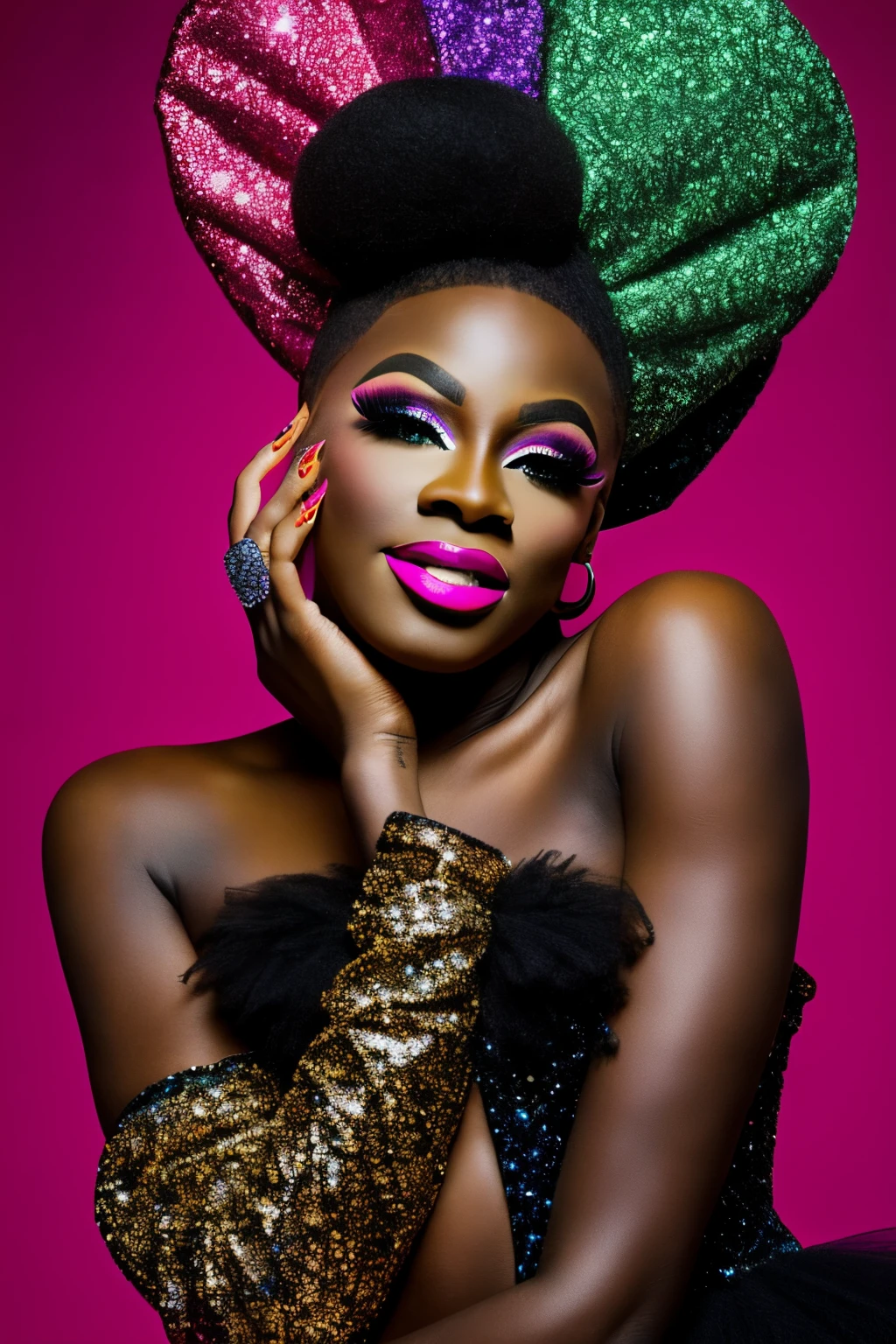 beautiful black young drag queen, glitter, portrait