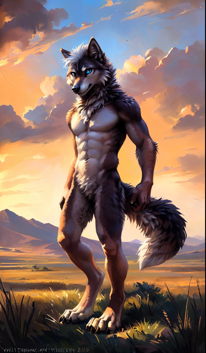((Solo)), male people, anthro wolf, (Multi-colored fur, White-brown:1.3，White tail pointed), (Height 2.1m,Tail length 1.5m), ((Wolf face, White hair, Big eyes, White eyelids, Blue pupil, Slim:1.2) (Tough, Calm expression:1.2)), Abs, Slim, pinging)), (Correct anatomy), Naked all over the body,A long big tail，Feet，(Realistic fur, Detailed fur texture, labeled:1.3)), (Natural lighting), Photorealistic, Hyperrealistic, ultradetailed, by Kenket，Endless grasslands，No artifacts