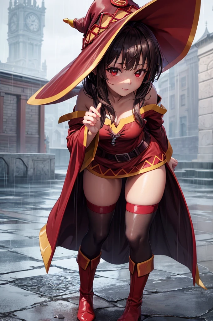 Perfect female shape, (1womanl), (Megumin), red robes, boots, witch's hat, ((Wet with rain)), (Sheer dress), Looking at the camera, (top-quality, ​masterpiece:1.2), (intricate detailes:1.4), (Photorealsitic:1.4), Front image, High resolution, high detailing, realistic skin textures, Detail Face, Very detailed CG Unity 16k wallpaper, make - up, (detailedbackground:1.2), shinny skin,