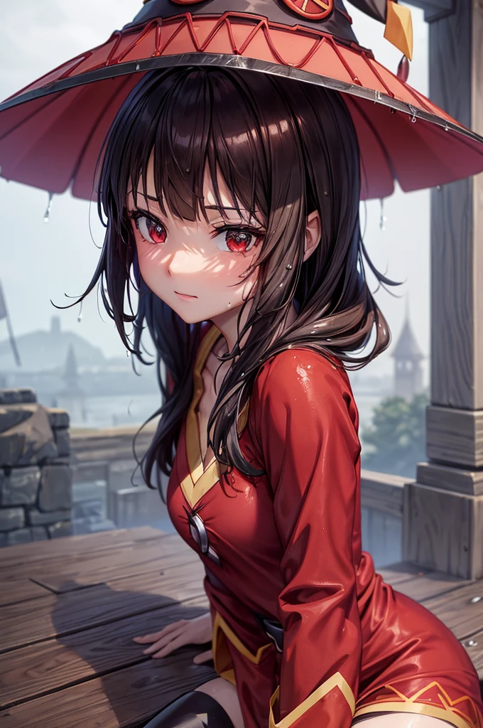 Perfect female shape, (1womanl), (Megumin), red robes, boots, witch's hat, ((Wet with rain)), (Sheer dress), Looking at the camera, (top-quality, ​masterpiece:1.2), (intricate detailes:1.4), (Photorealsitic:1.4), Front image, High resolution, high detailing, realistic skin textures, Detail Face, Very detailed CG Unity 16k wallpaper, make - up, (detailedbackground:1.2), shinny skin,