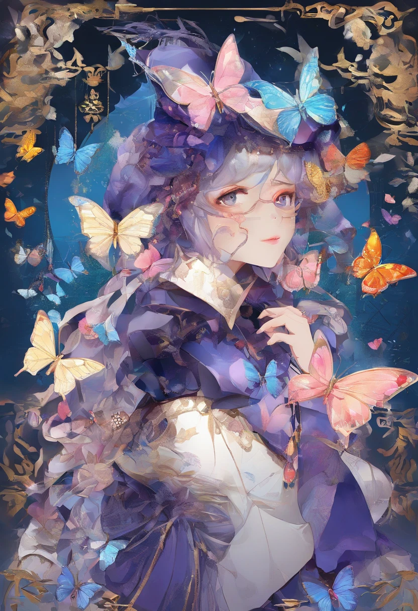 Butterfly motif、Purple and blue tones、Vibrant colors、((masterpiece)))、(((top-quality)))、((ultra-detailliert))、(A hyper-realistic)、(highly detailed CGillustration)、From the right side、Official art、Milan at the beginning of the 20th century、Decadent、Madame Papillon、Masquerade、refinement、Elegance、Gorgeous、Masks that cover most of the face、Colorful and detailed mask design、matchless beauty、Fans、gorgeous dress、jewely、Perfect Angle、perfect-composition。full body Esbian