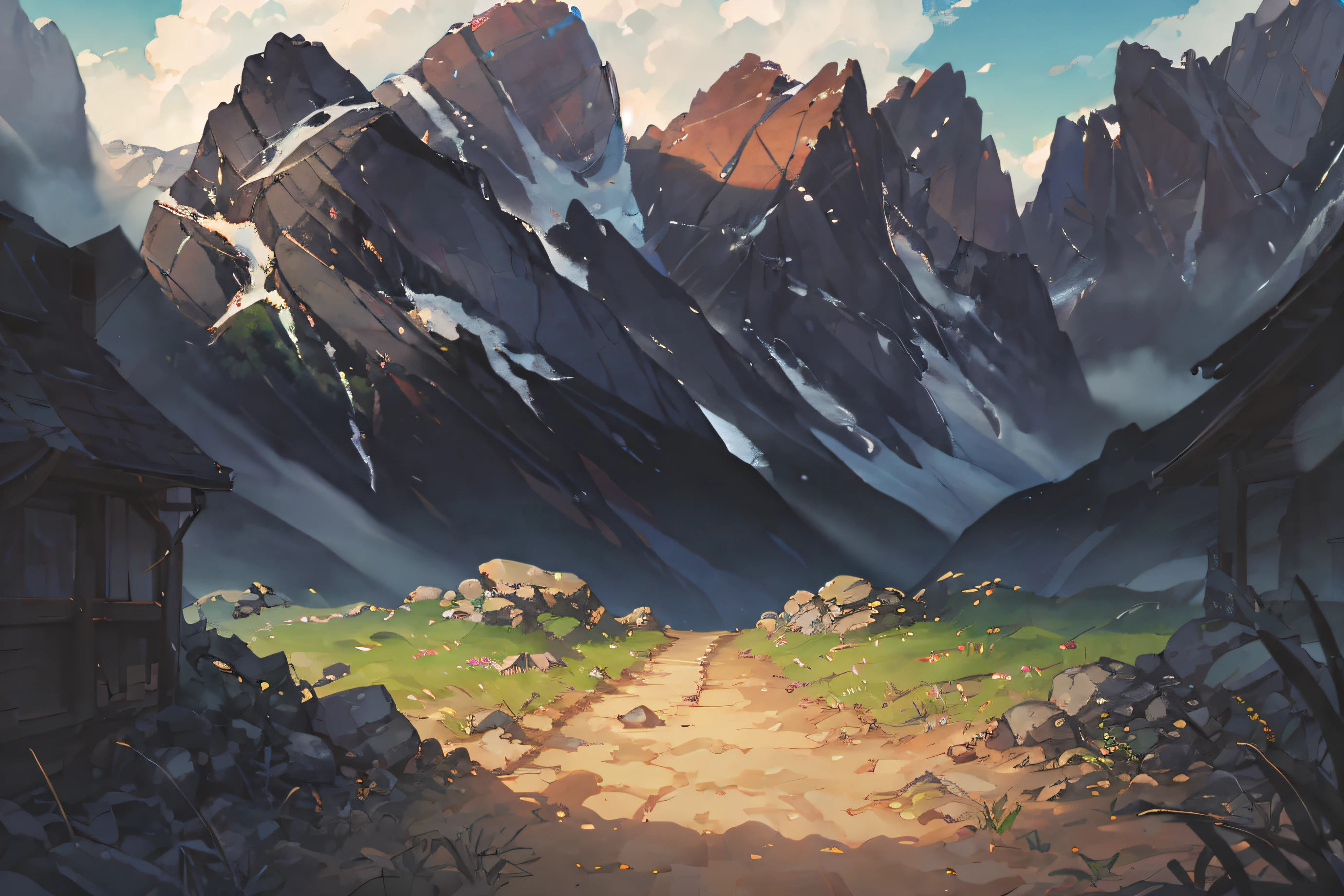 夏天, wood, a meadow, rock formations, (illustrations : 1.0), Epic composition, photorealistic lighting, HD detail, ​masterpiece, Best quality at best, (Highly detailed CG integrated 8k wallpaper), wide and flat land, Round and small rocks placed at the top of the screen,