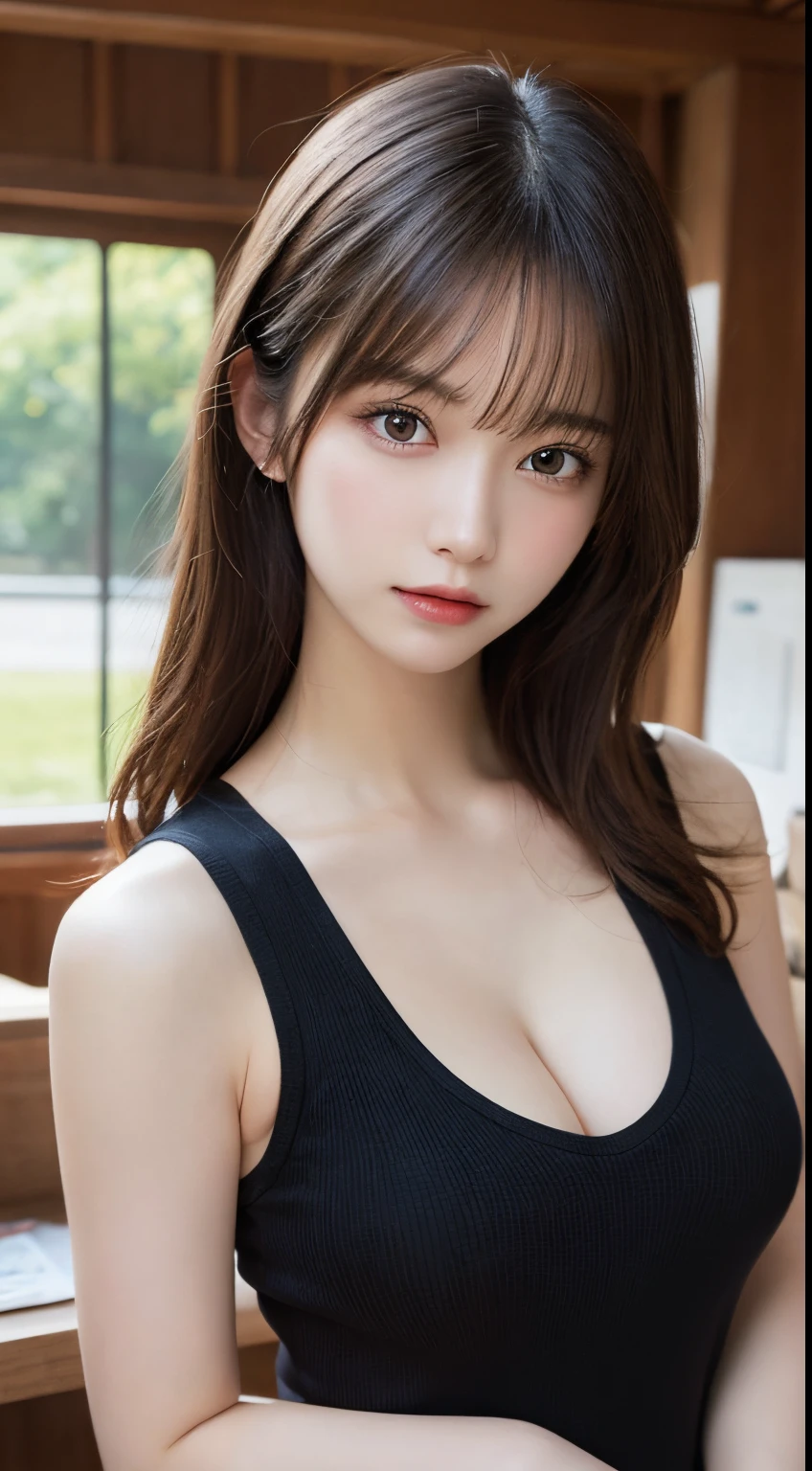 masutepiece, Best Quality, Illustration, Ultra-detailed, finely detail, hight resolution, 8K Wallpaper, Perfect dynamic composition, Beautiful detailed eyes, Natural Lip,Tank tops:1.9, cleavage, Full body