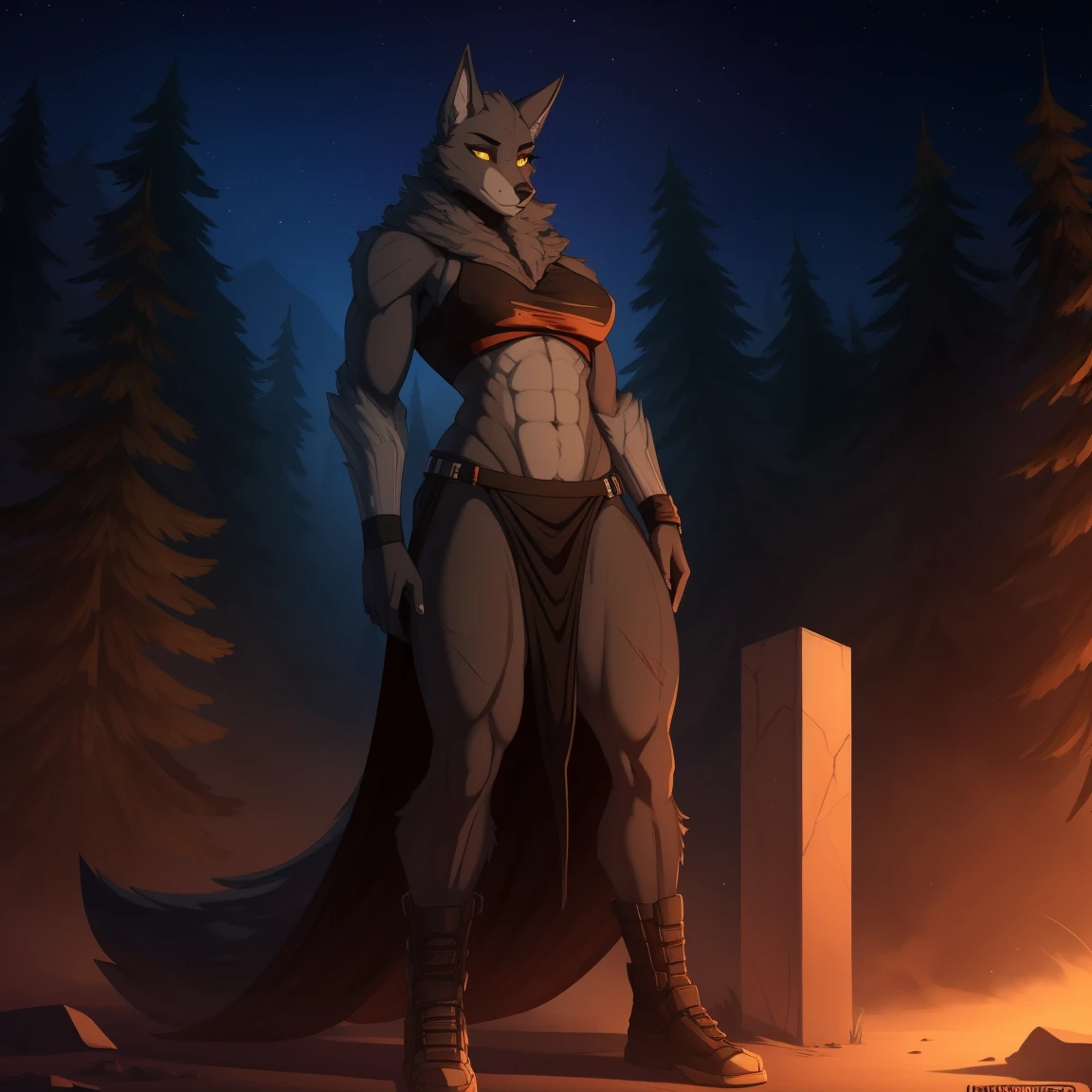 Tall_lanky_muscular_wolf female dark_brown_furry_body brown_eyes very_fluffy scars misty_breath foggy_forest starry_sky solo Masterpiece best_quality absurdres highly_detailed cleanly_drawn_eyes anthro_only by_claweddrip, by_greasymojo, by_underscore-b, by_runawaystride native_american_tattoos