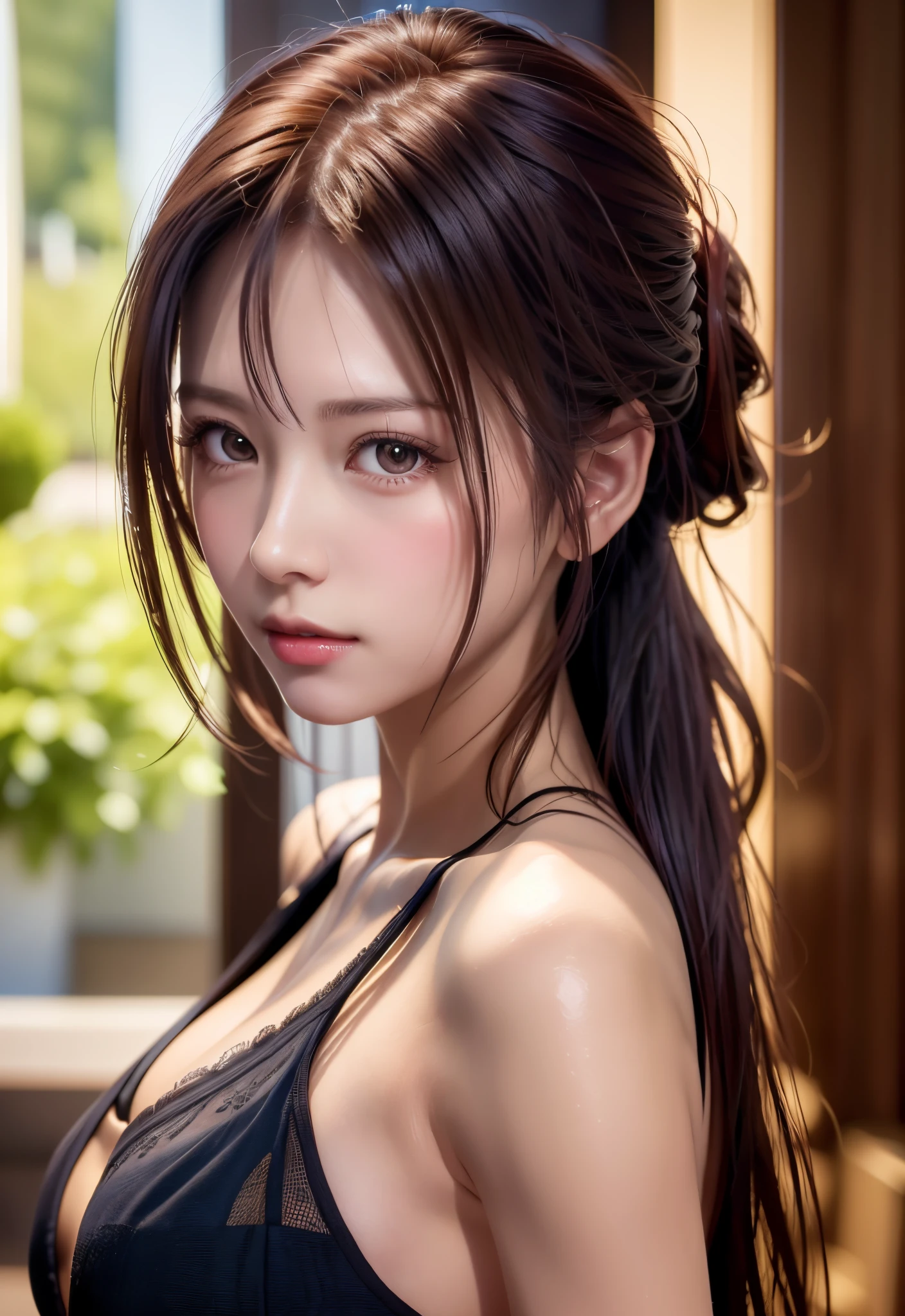 8K, of the highest quality, masutepiece:1.2), (Realistic, Photorealsitic:1.37), of the highest quality, masutepiece, Beautiful young woman, Pensive expression, Thoughtful look, sexy dress、Hair tied back, Glamorous atmosphere、Cinematic background, Light skin tone