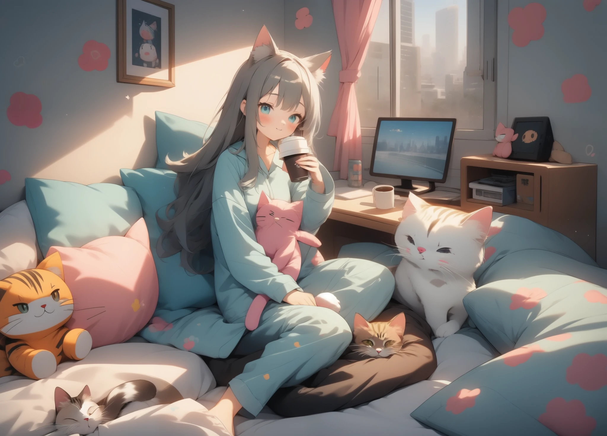 anime cat girl with long gray teal hair, wearing a pajamas, brown ayes, holding a cup of coffee, happy, a wide shot of a bedroom, cute plushie and pillow on the bed, hugging a cat, cute room, wide wallpaper. HD image, city background on the window,