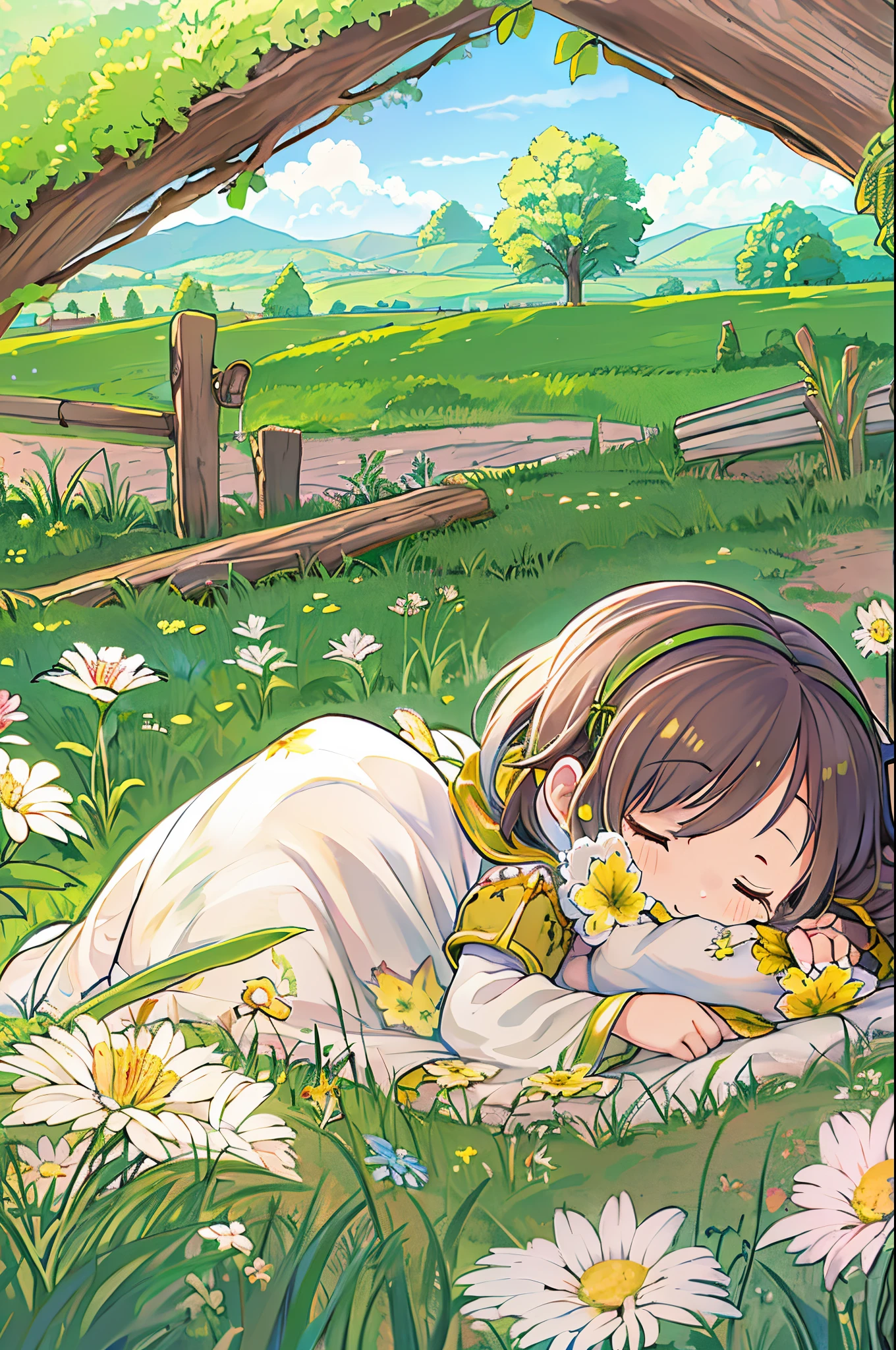 kawaii、8  girl、Are sleeping、Chibi, beautiful anime scene, country scenery, Background of the field, Beautiful anime scenery, Beautiful peace scenes in anime, farming、farmhouse、 Sleep with a happy face on the grass、gentle wind