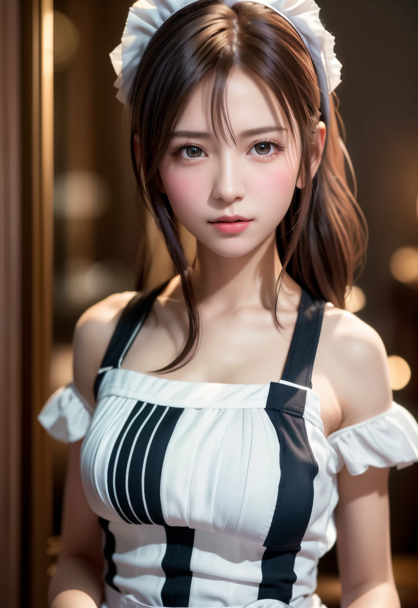 8K, of the highest quality, masutepiece:1.2), (Realistic, Photorealsitic:1.37), of the highest quality, masutepiece, Beautiful young woman, Pensive expression,、A charming、and an inviting look, Cute Maid Clothes, Hair tied back, Cinematic background, Light skin tone