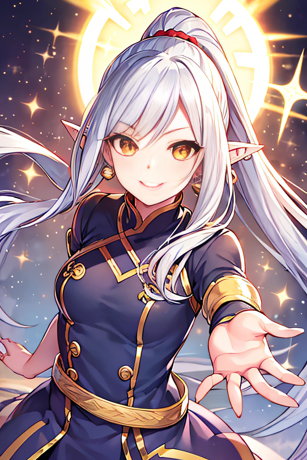 hair bobbles, wince, longeyelashes, solid circle eyes, light smile, silver hair, ponytail, very long hair, longeyelashes, yellow eyes, crescent earrings, long pointy ears, smile, light smile, laughing, red lips, anime, sparkle, first-person view, dutch angle, super detail, best quality, HD, textured skin