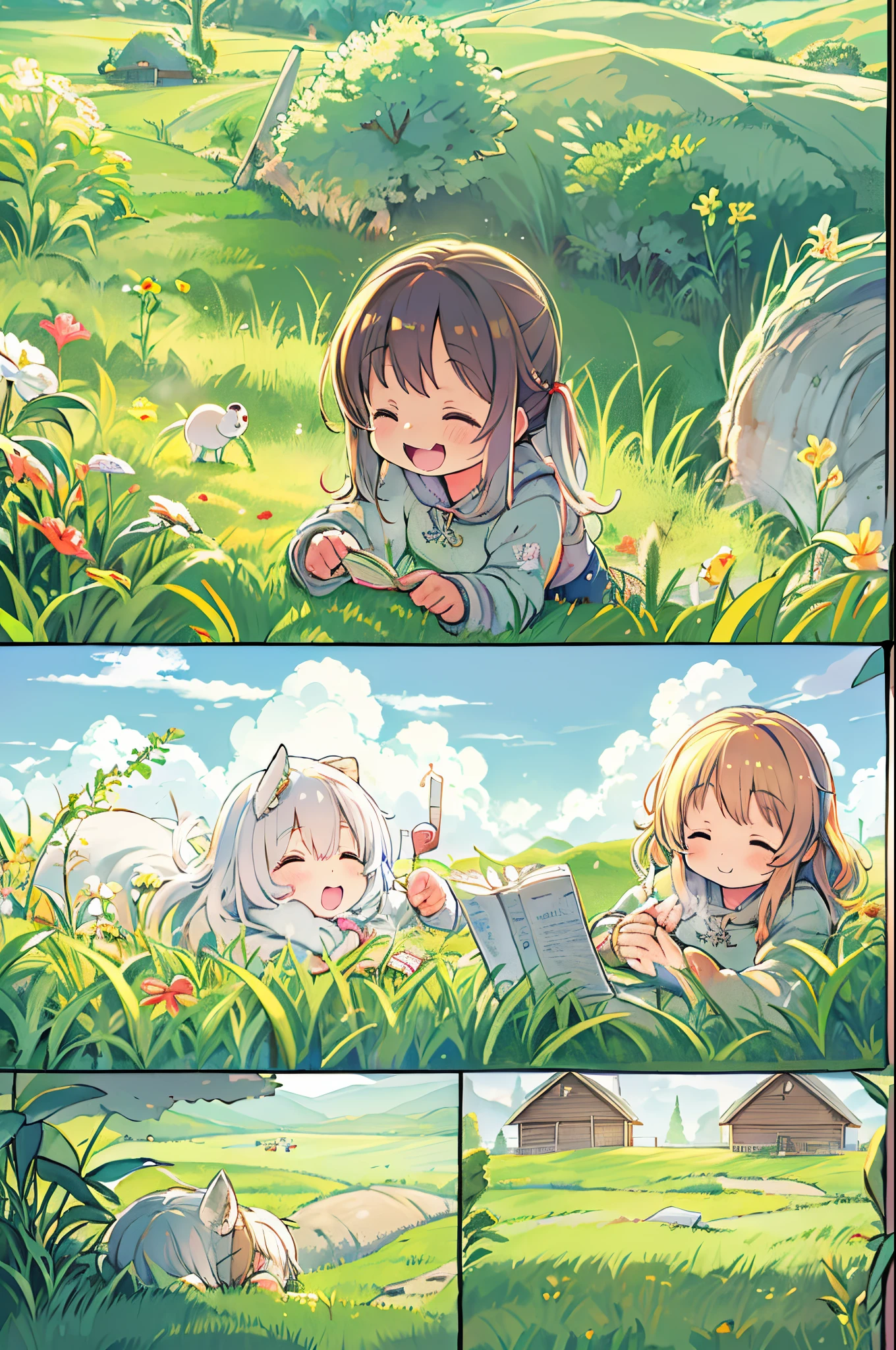 kawaii、8  girl、Are sleeping、Chibi, beautiful anime scene, country scenery, Background of the field, Beautiful anime scenery, Beautiful peace scenes in anime, farming、farmhouse、 Sleep with a happy face on the grass、gentle wind