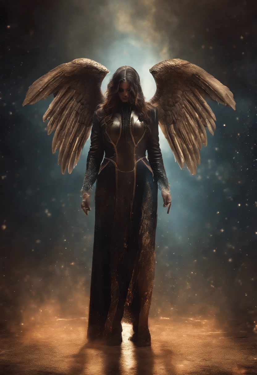 Cosmic Fallen Angel, glowing light eyes, Biomechanical, eerie, Creepy, nightmarish, Very bright colors, Light particles, with light glowing, Mshiff, wallpaper art, UHD wallpaper