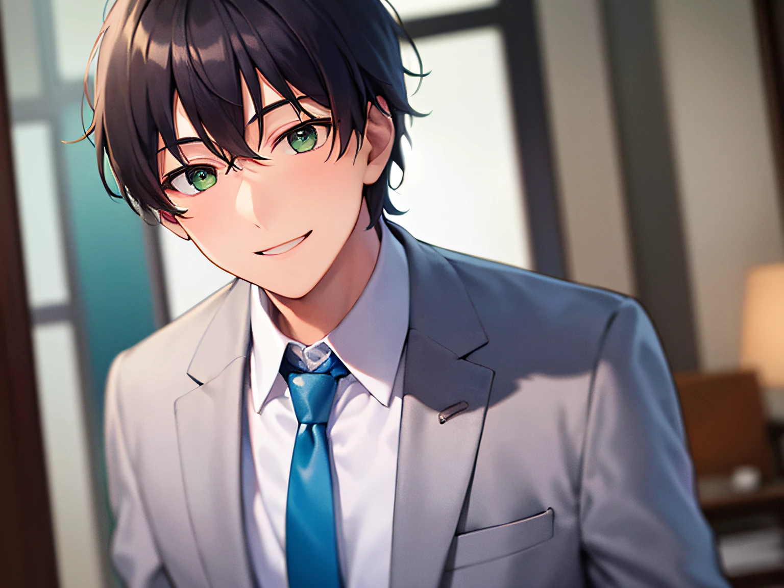 ​masterpiece、hightquality、25-year-old man with short black hair and green eyes、He wears a gray suit and white buttoned shirt.、Wearing a blue tie、has a bag in hand、(Alone:1.5)、(Smiling expression:1.1)、(Close-up of your face:1.3)、(Only the upper body is shown.:1.3)、I&#39;m in the living room of the apartment、Bold composition、
