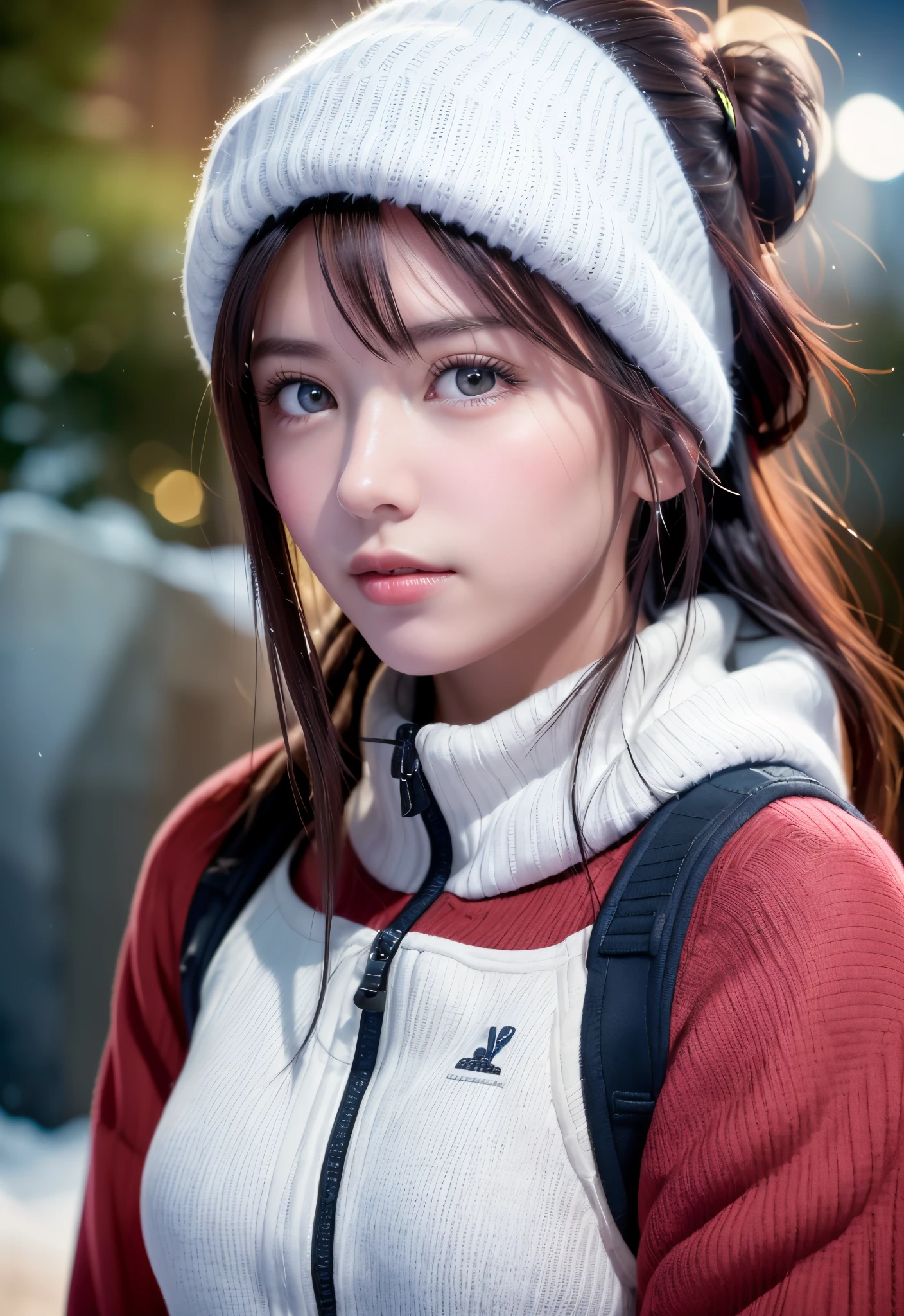 8K, of the highest quality, masutepiece:1.2), (Realistic, Photorealsitic:1.37), of the highest quality, masutepiece, Beautiful young woman, Pensive expression,、A charming、and an inviting look, skiing、snowboarder、Ski Wear, Hair tied back, Cinematic background, Light skin tone、Ski Resort Background