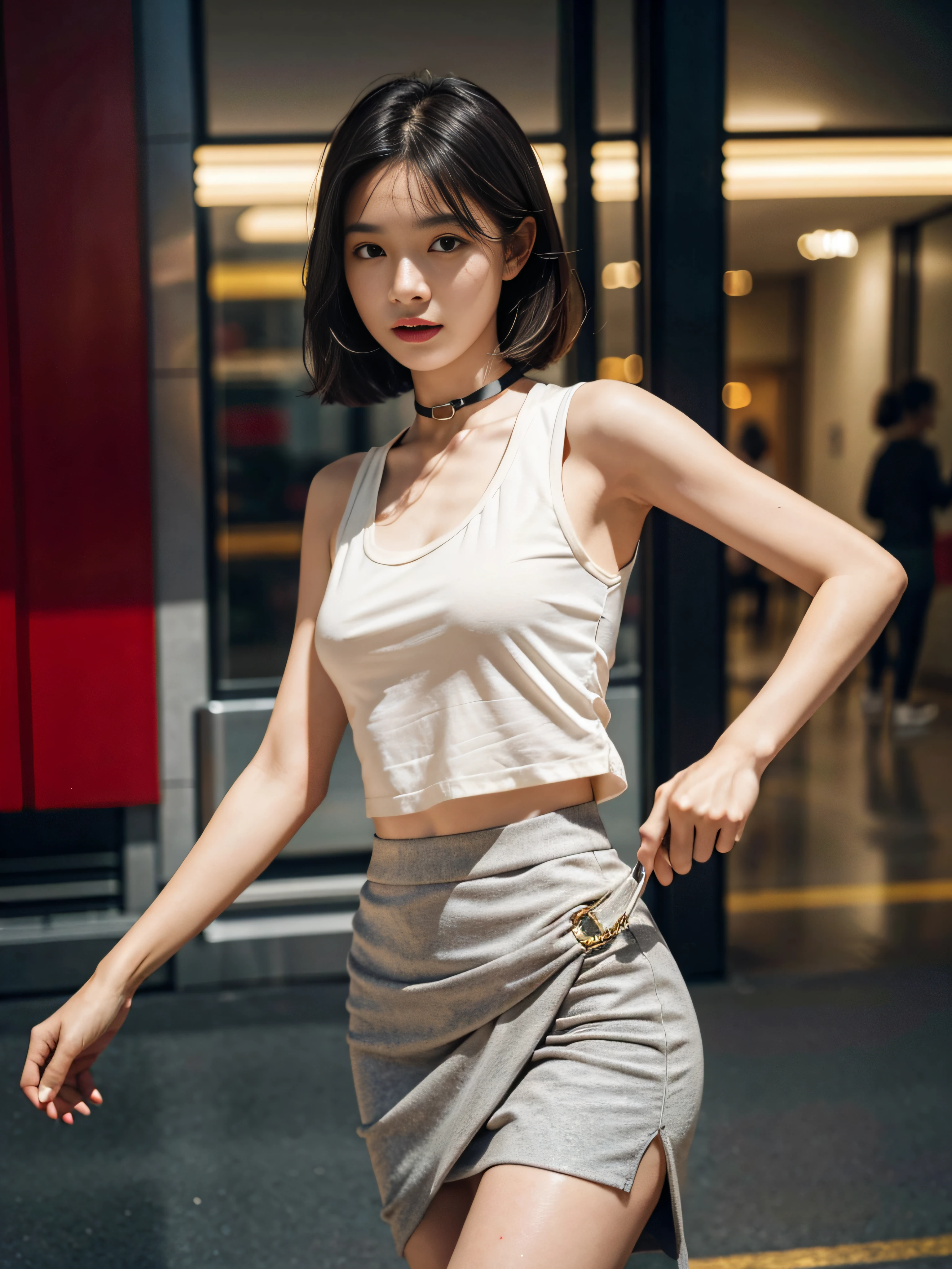 ((smallunderboob,Tomboyish,small heads)), (Well-defined abs: 1.1), (perfect bodies: 1.1), (short-length straighthair: 1.2), Black hair, collars, chain, Full body photo, crowding street, Wearing a gray vest，White cardigan，Long beige skirt split skirt，（极其细致的CG 8k壁纸），（Extremely refined and beautiful），（tmasterpiece），（best qualtiy：1.0），（超A high resolution：1.0），beautiful light up，Perfect lightning，realistic shaded，[A high resolution]，Delicate skin，ultra - detailed (((Colorful)))