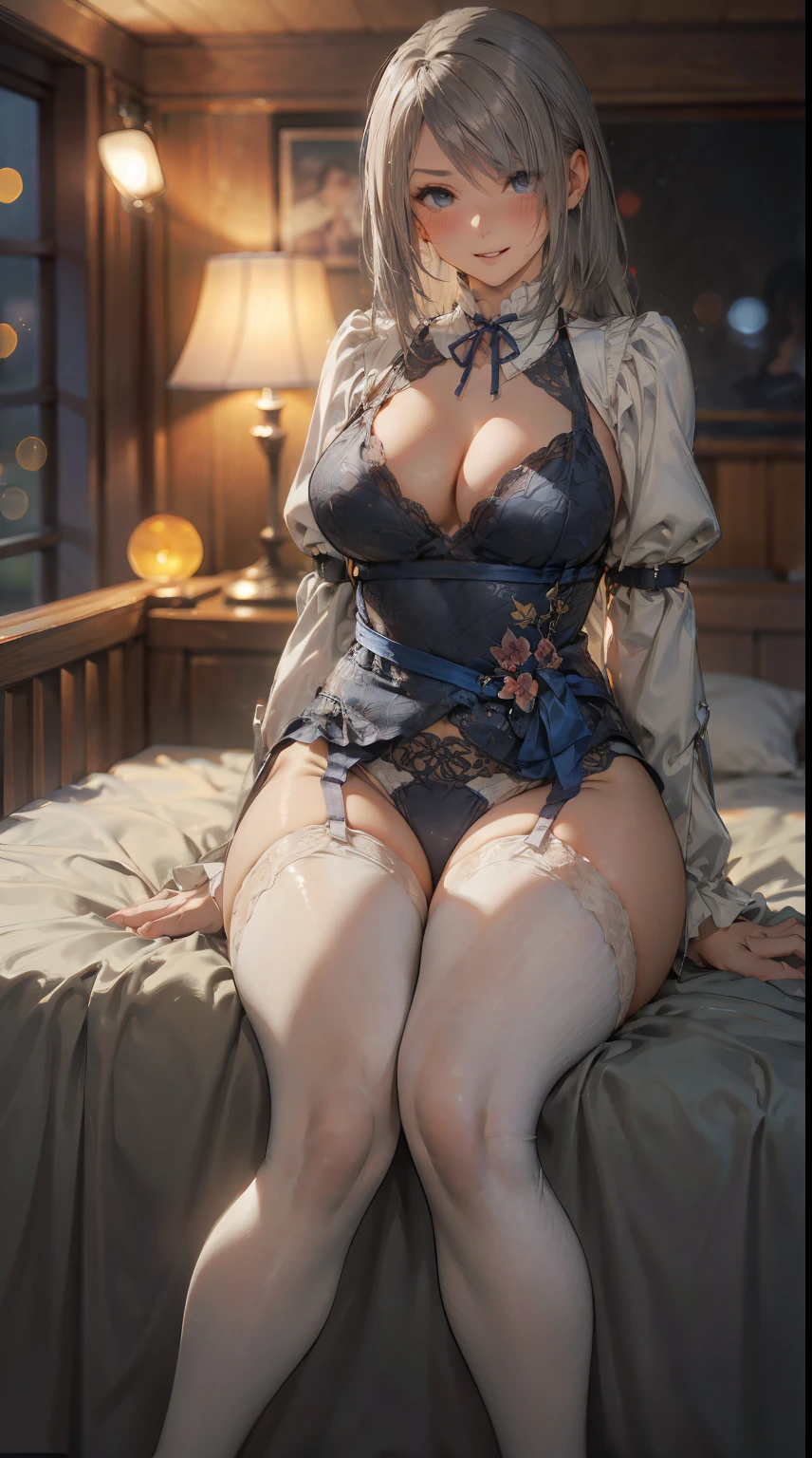 1 mature girl,  Curve,milf, (Detailed pattern clothing:1.13),  (Large breasts,  big breasts,cleavage,Curve,thicc:1.13), (Shy),  blush, (embarrassed), small head,big eyes,Feet slightly spread apar,legs apart,
BREAK, 
(depth of fields,  Blurry,  Blurry background, bedroom, Bokeh, Convoluted,  Delicate costumes, Ray tracing,Lights of the night:1.2) 
BREAK,  (Attractive emotions,  blush:1.2, Seductive eyes,:1.2),  Perfect human hands,  Wind,  BREAK, 
(masutepiece,  Best Quality,  Elegant, sexypantyhose,garter straps garter belt, insanely detailed patterned  white_sexypantyhose, white leggings, evil smile,sitting:1.13),  (Ultra-detailed,  Sharp Focus,  1 mature female , Yuzu, , ,Jill_warwick,Straight hair, Silver hair, beautiful long hair,