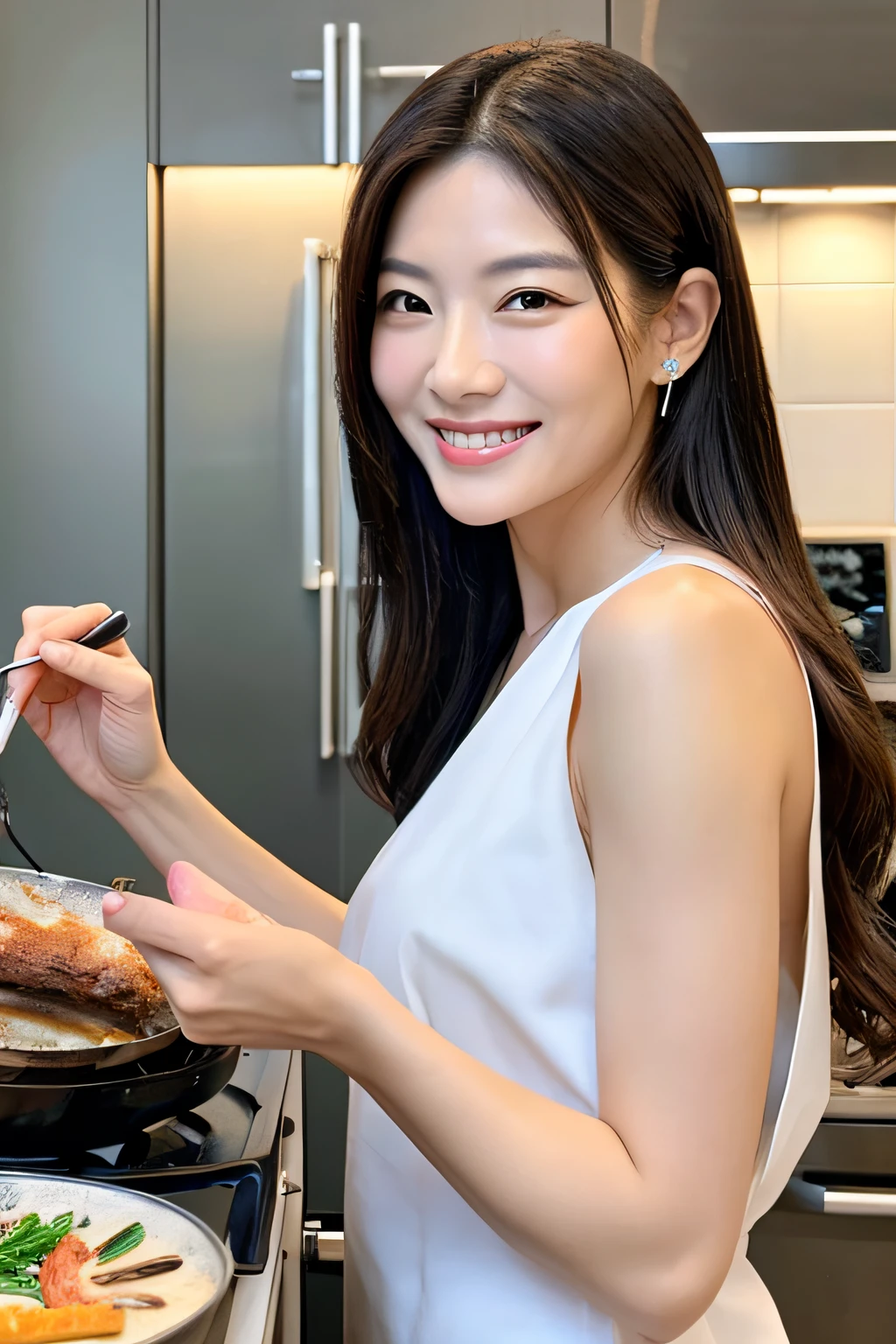 Beautiful middle aged woman、a smile、Herren、famiglia、cooking a、cuisine、accessorized、Real Art、Precision painting、smooth skin