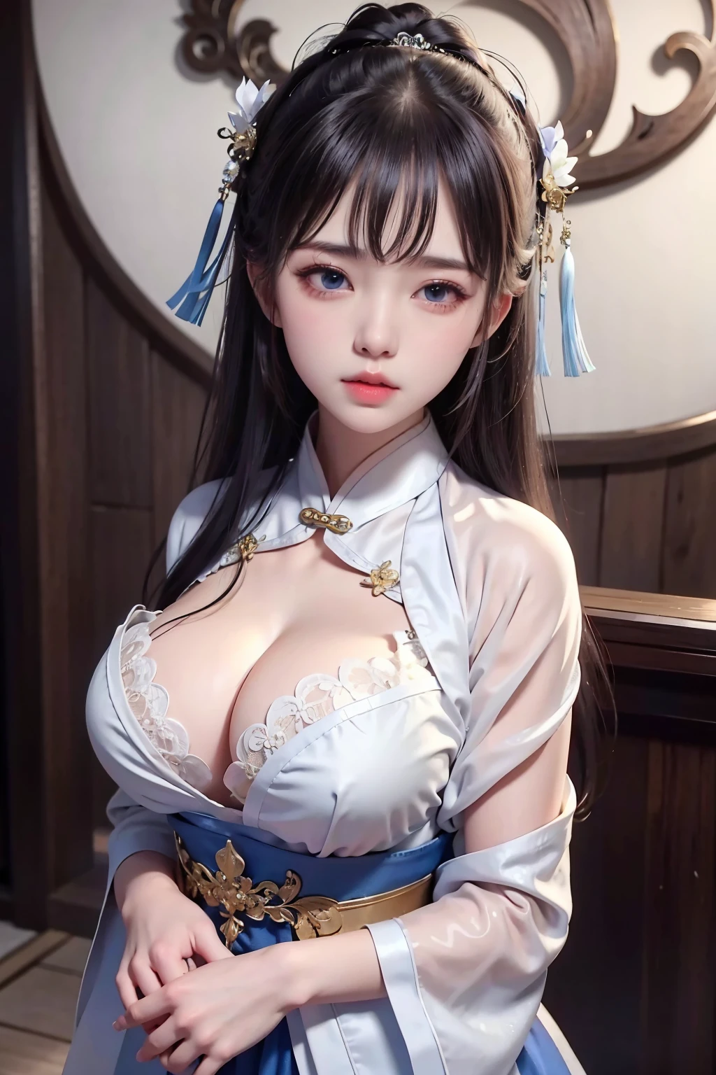 Wet-breasted Hanfu dynasty open V-chested clothes royal Wet body of thin silk fabric, Thin silk lace petticoat,princess 8 yeald old cute, (huge boobs,cleavage),petticoat, white pink, blue ,best qualtiy,tmasterpiece,超高分辨率,(真实感:1.4),RAW photogr,(True skin texture:1.3),(filmgrain:1.3),(Selfie angle),1个Giant Breast Girl,Beautiful eye and face details,tmasterpiece,Best quality at best,exposing thighs,Bigchest,The chest is more exposed, detailed hair,above looking down facing at camera,short dressPrincess Eyes,Super big eyes,Detailed face,shiny pupils,